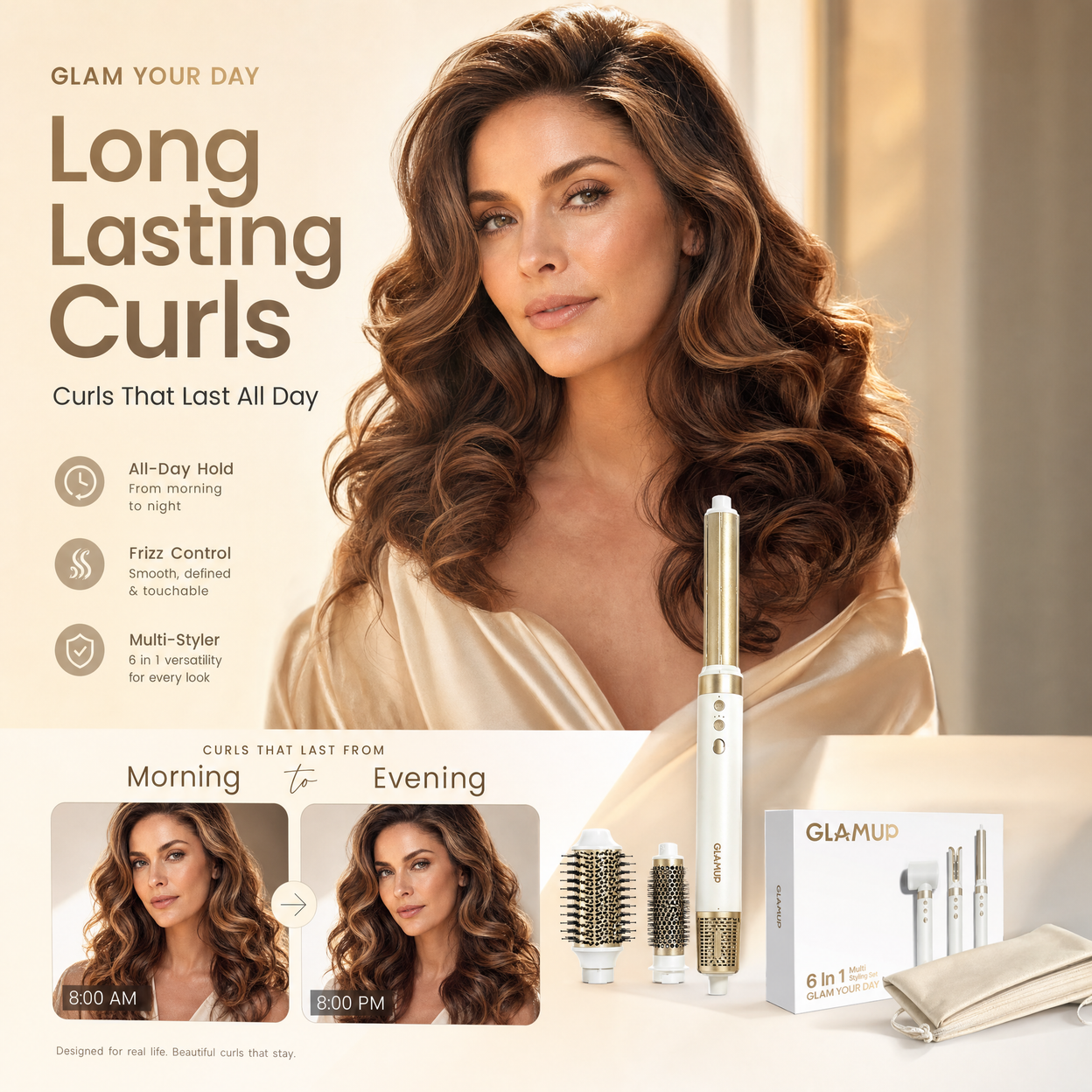 Natural hairstyles from behind showing bouncy curls, voluminous blowout, and natural curly hair achieved with GLAMUP hair styling tools