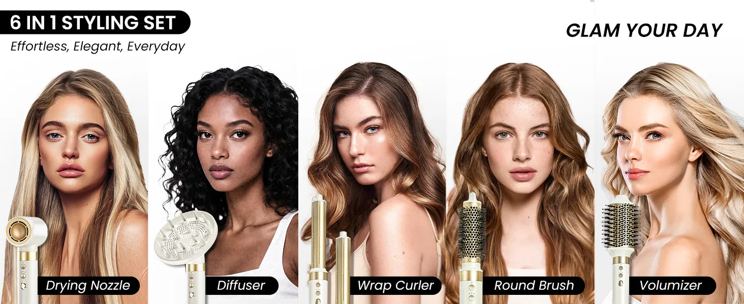 Hair styling product set with five models and product names on a white background