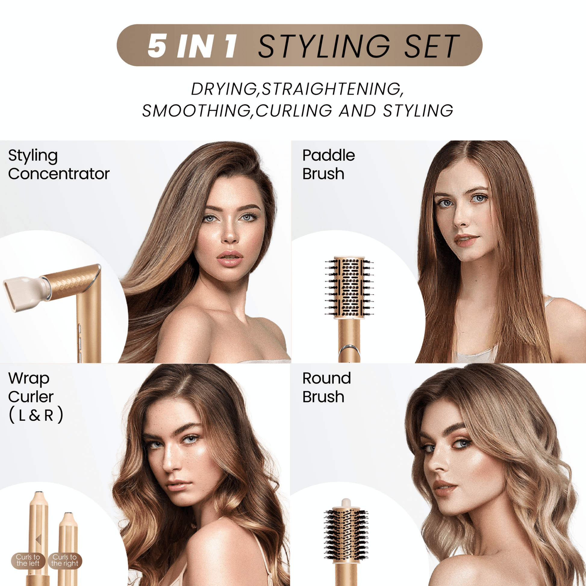 GLAMUP 6-in-1 Hair Styler showing different hair styles on various models using interchangeable attachments.