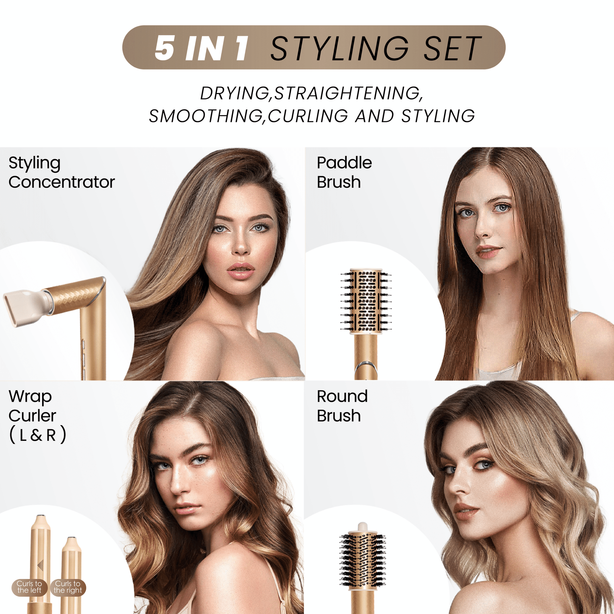 GLAMUP 6-in-1 Hair Styler showing different hair styles on various models using interchangeable attachments.