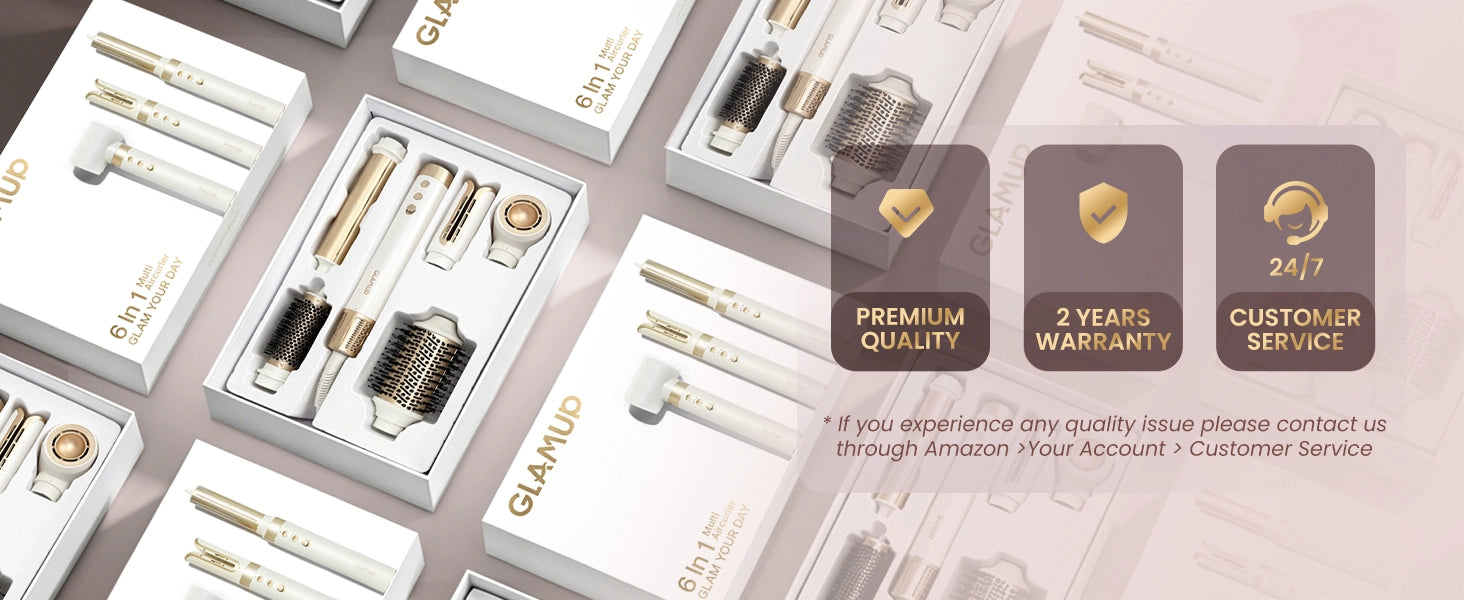Glamis product set with packaging and warranty information on a gray background