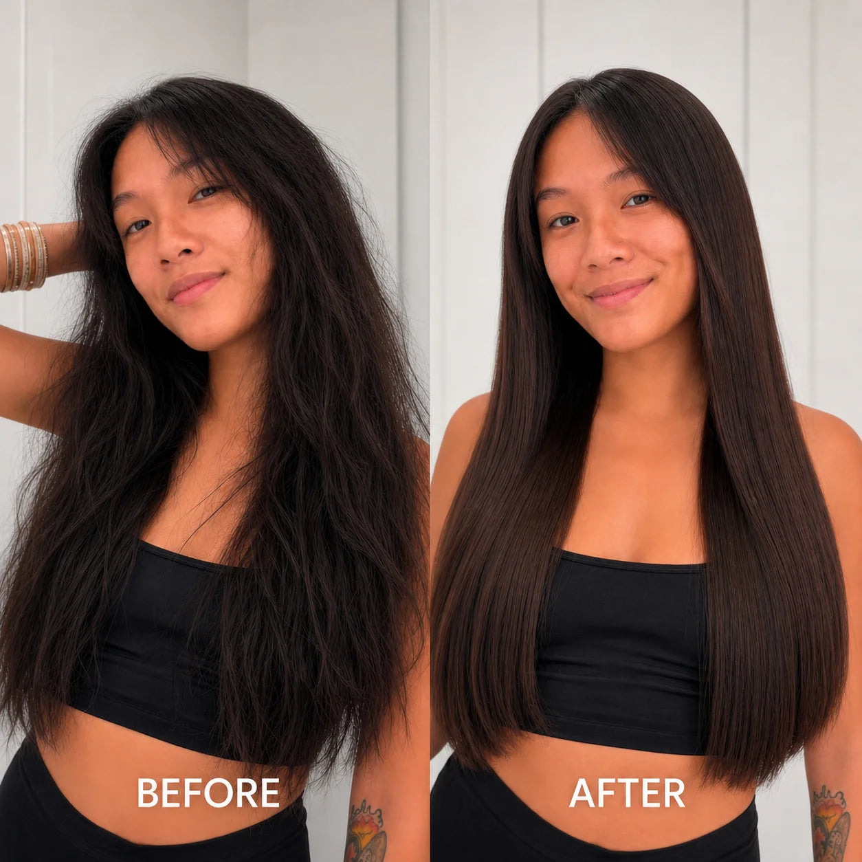 Before and after comparison of a woman's long, dark hair, showing frizzy, wavy hair on the left labeled 'BEFORE' and smooth, straight hair on the right labeled 'AFTER'.