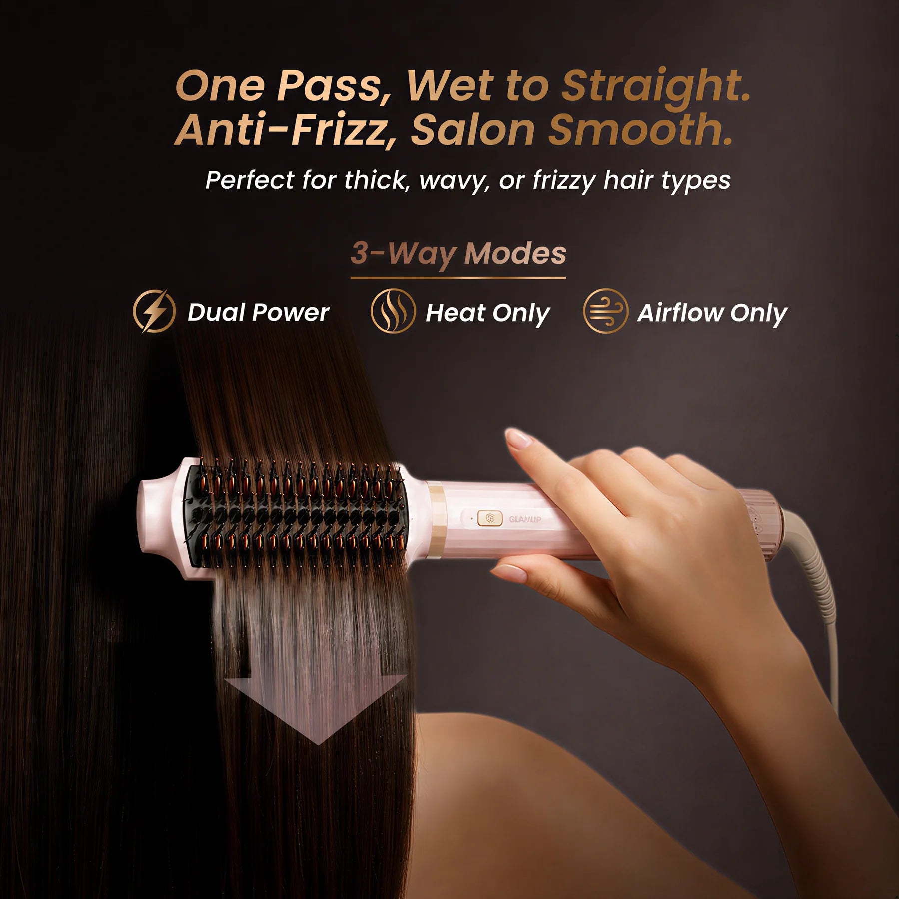 A hand uses a pink and white hot air brush hair straightener on wet, dark hair against a dark brown background, with promotional text highlighting its anti-frizz and salon-smoothing capabilities.