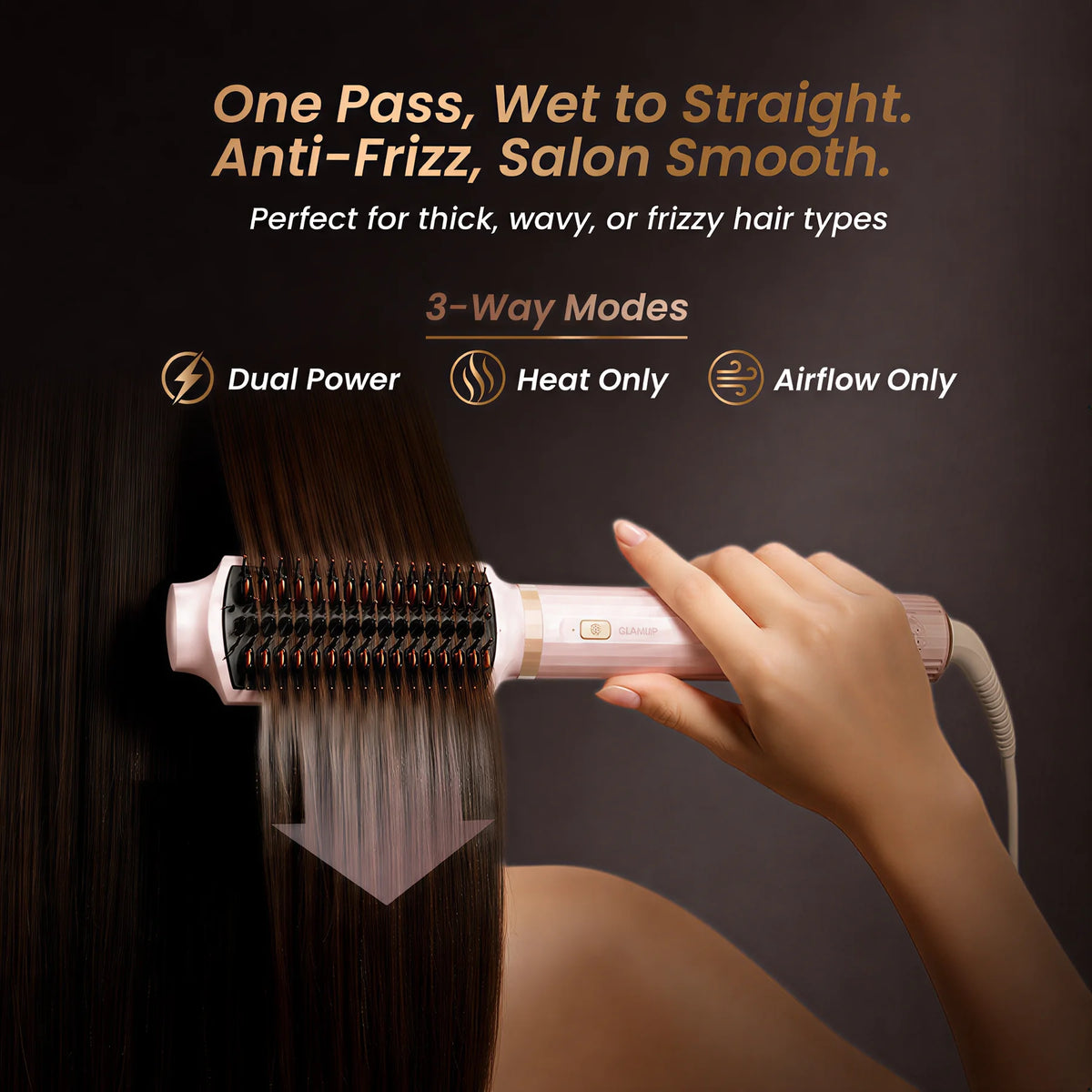 A hand uses a pink and white hot air brush hair straightener on wet, dark hair against a dark brown background, with promotional text highlighting its anti-frizz and salon-smoothing capabilities.
