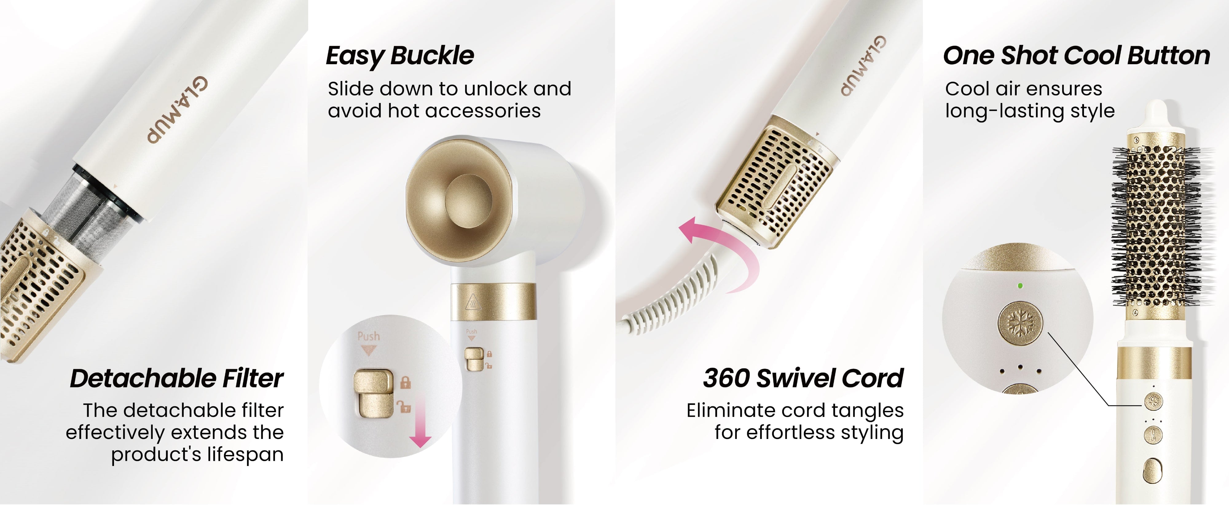 Hair dryer with features highlighted as Detachable filter, easy buckle, 360 swivel cord and cool shot button on a white background
