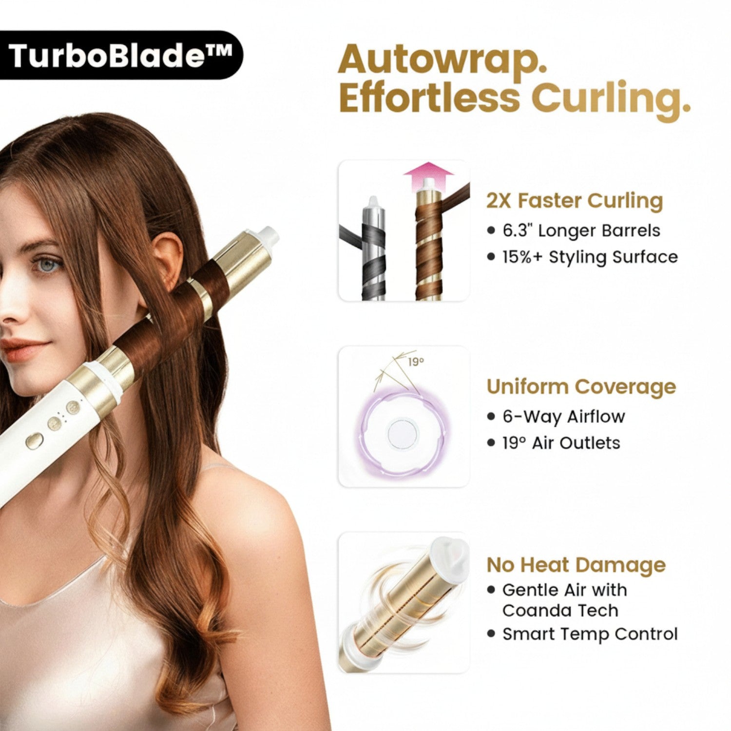 TurboBlade hair styler demonstrating effortless Autowrap and fast curling without heat damage on a white background.
