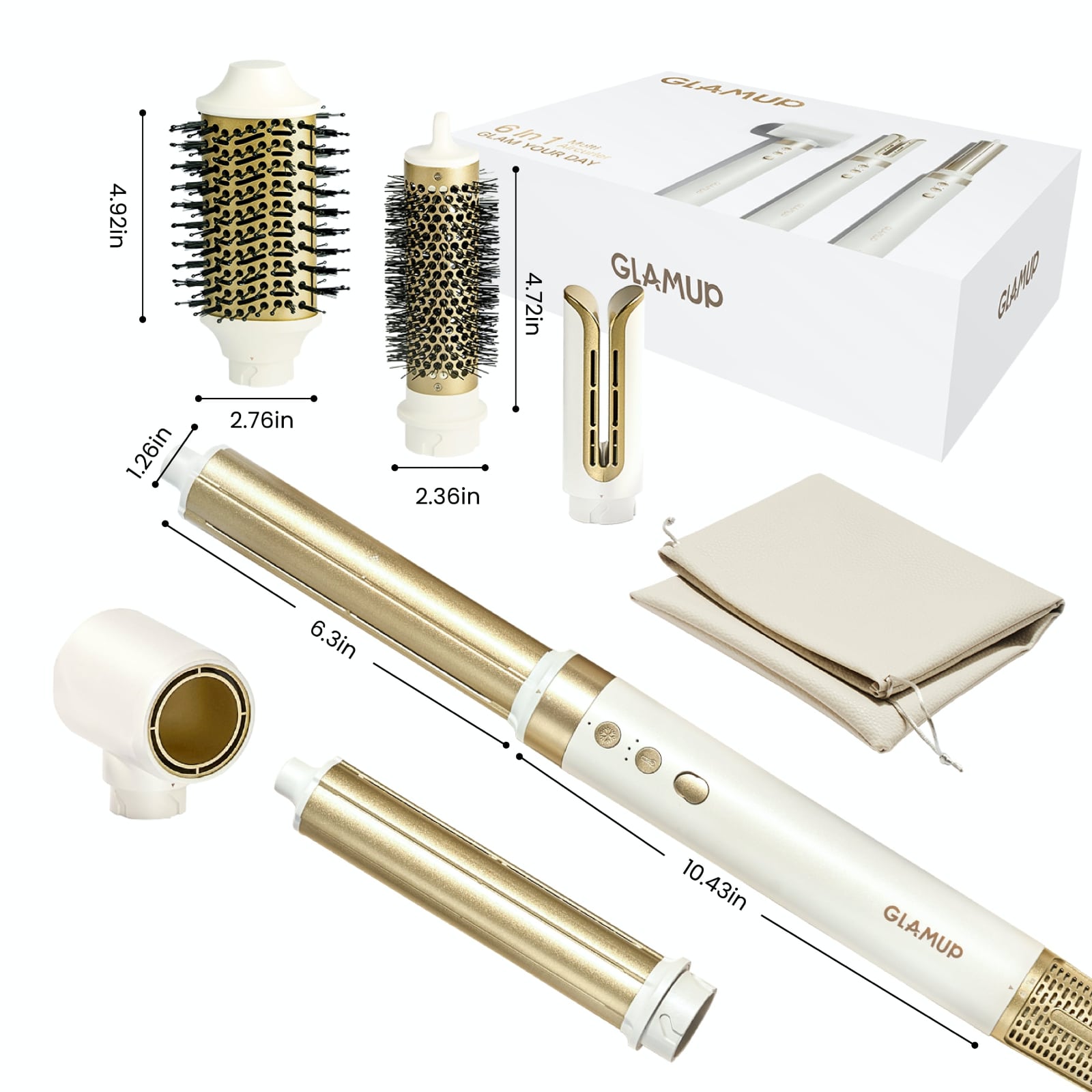 GLAMUP hair styling tool set, attachments, and packaging on a white background, noting the 1.26-inch barrel diameter and component sizes.