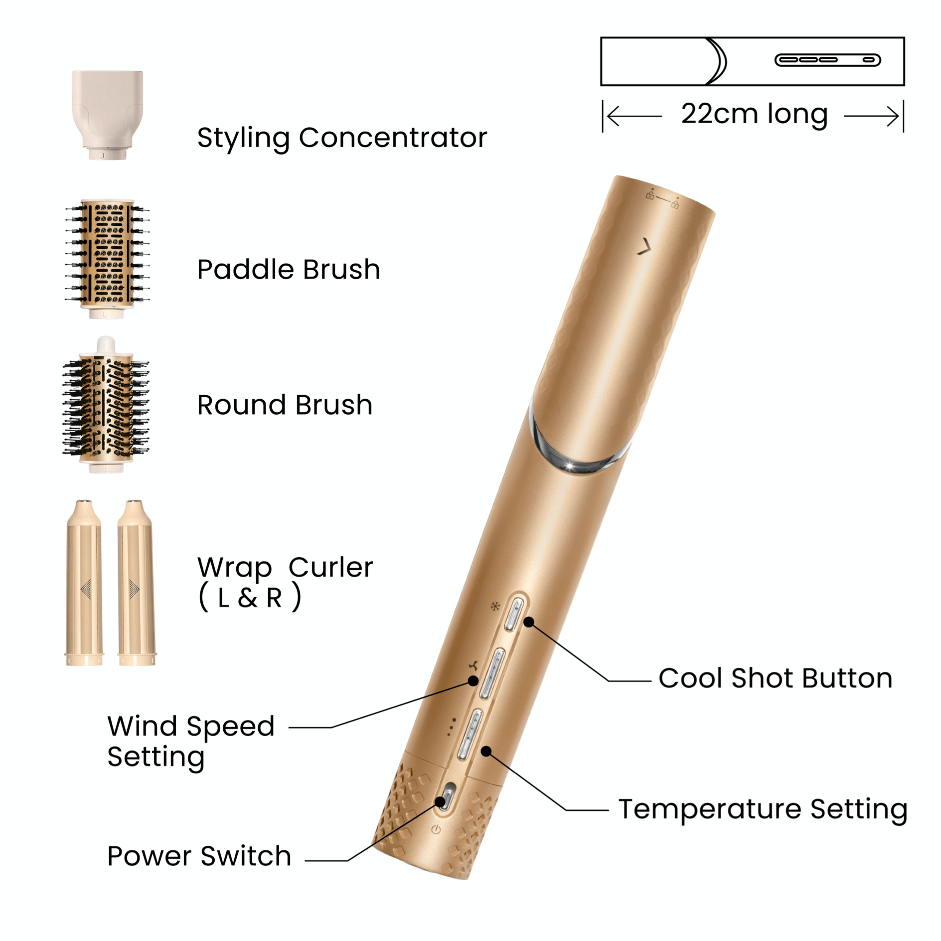 Hair styling tool with labeled components, featuring a cool shot button and 3-level heat settings on a white background.