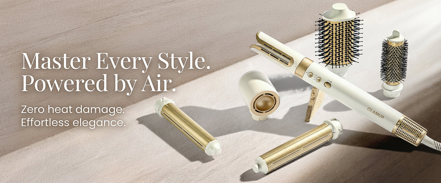 Hair styling tools with text 'Master Every Style. Powered by Air' on a neutral background