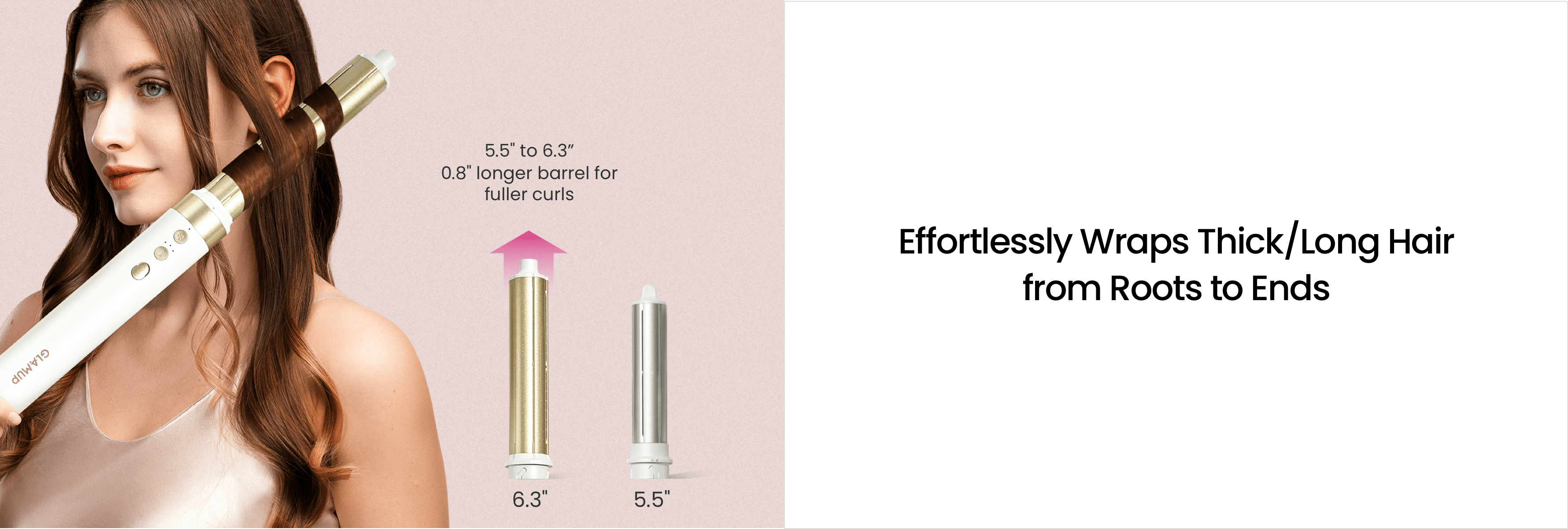Woman using GLAMUP AirCurler with product details and text to highlight longer barrels 