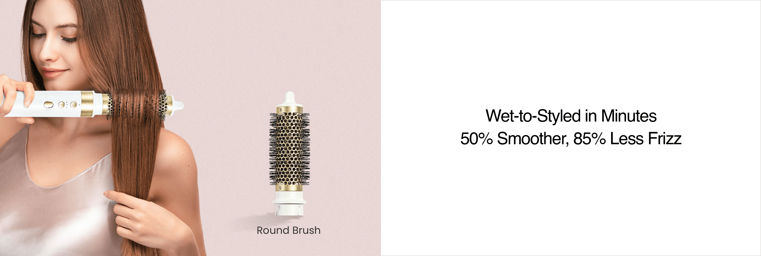 Woman using a air brush tool with product details on a white background