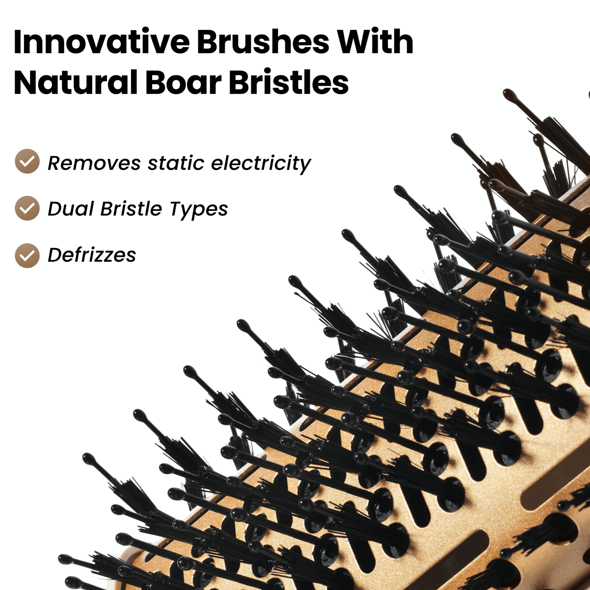 Innovative hairbrush with natural boar bristles, designed to remove static electricity on a white background.