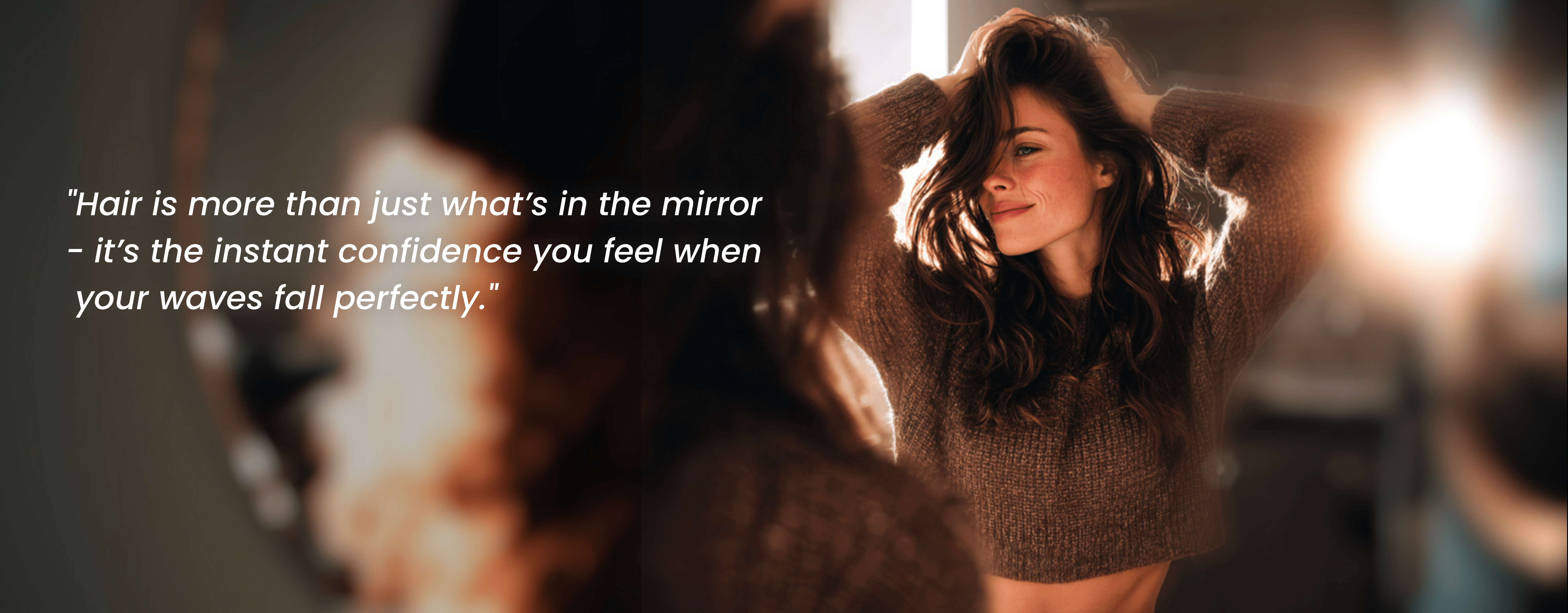 Woman adjusting her hair with a motivational quote about confidence.