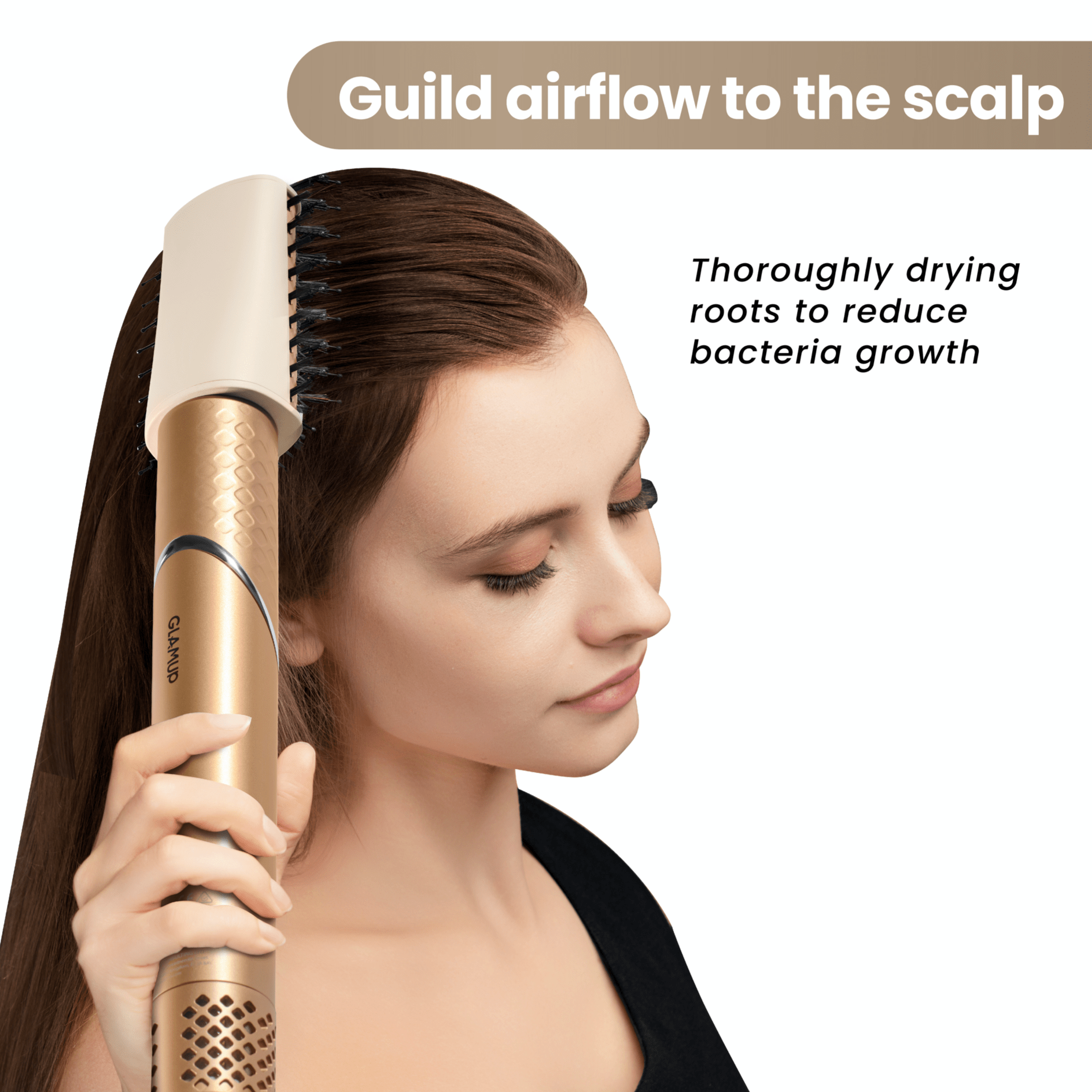 Woman using a hair dryer on her hair with text about airflow to the scalp and bacteria reduction.
