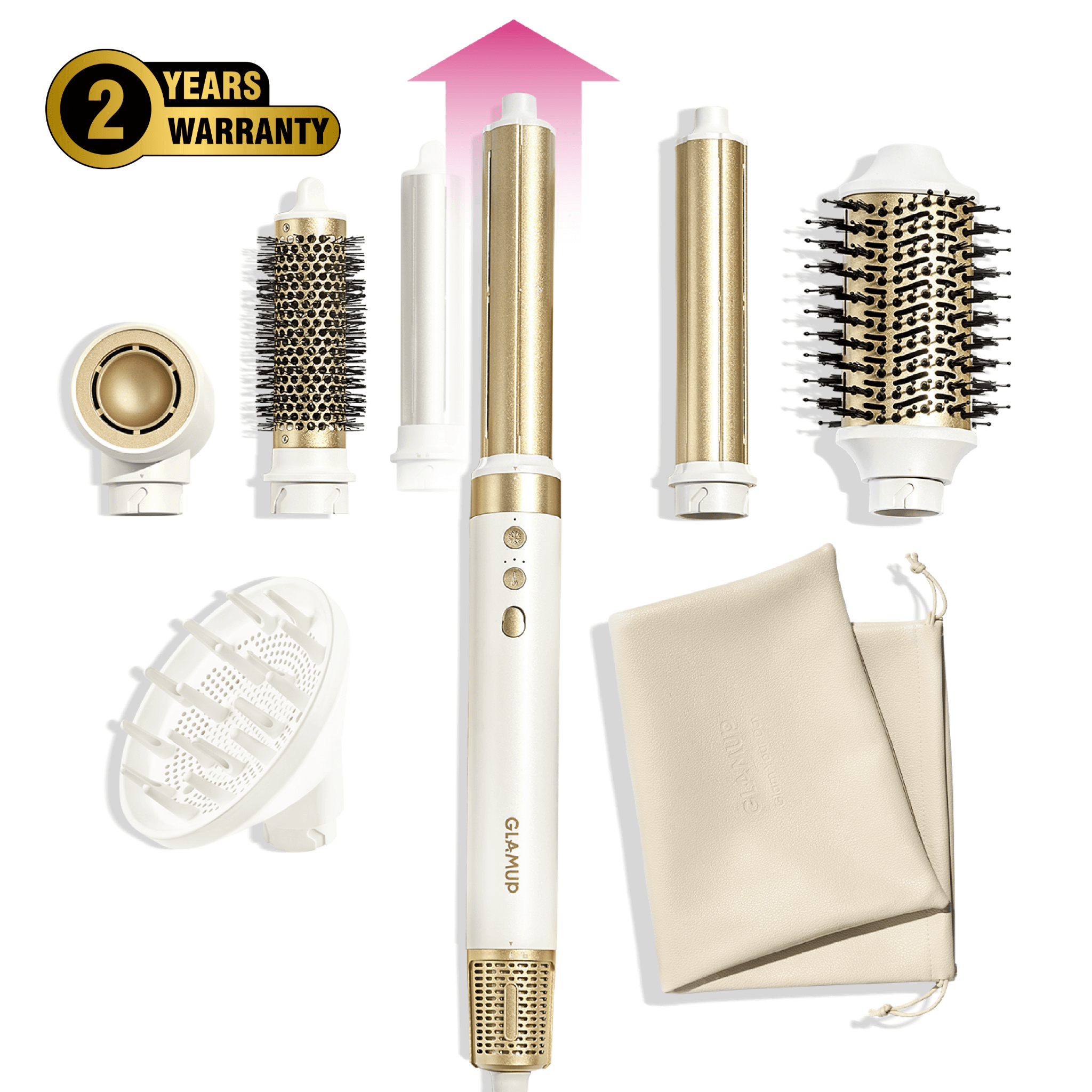 GLAMUP Multi-Styler tool set with attachments and 2-year warranty badge on white background