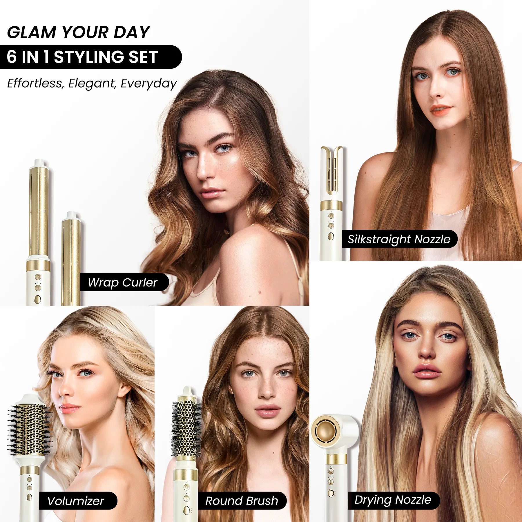 6-in-1 styling set with models showcasing different hair styling tools and results.