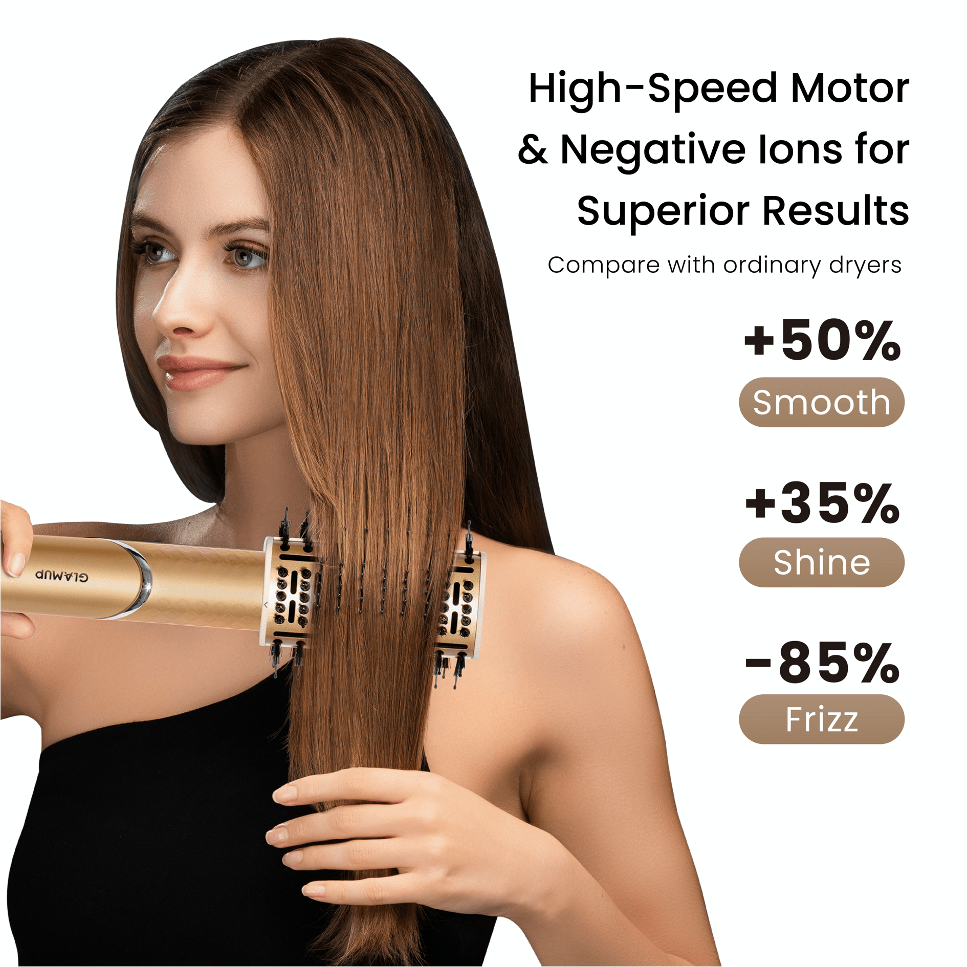 Woman using a hair dryer with a high-speed motor, emphasizing healthier hair results due to negative ions on a white background.