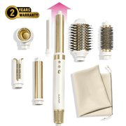 GLAMUP Multi-Styler tool set with attachments and 2-year warranty badge on white background.