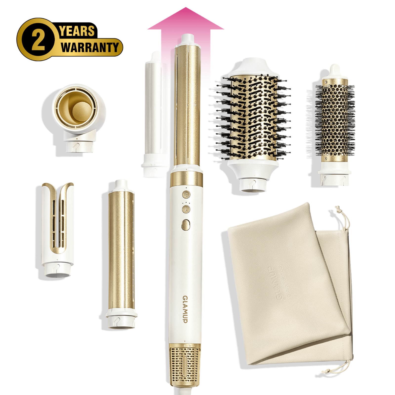 GLAMUP Multi-Styler tool set with attachments and 2-year warranty badge on white background.
