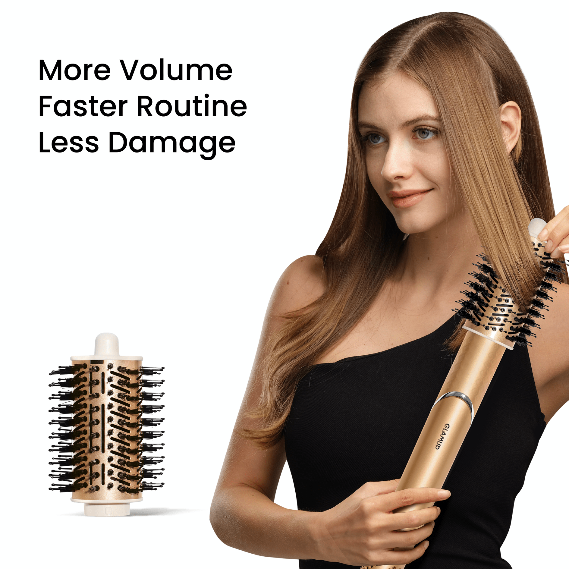 Woman using a hot air brush with text about more volume,  faster routine, and less damage on a white background