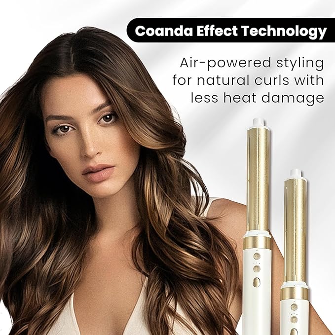 Woman with styled hair next to hair styling tools with 'Coanda Effect Technology' text.