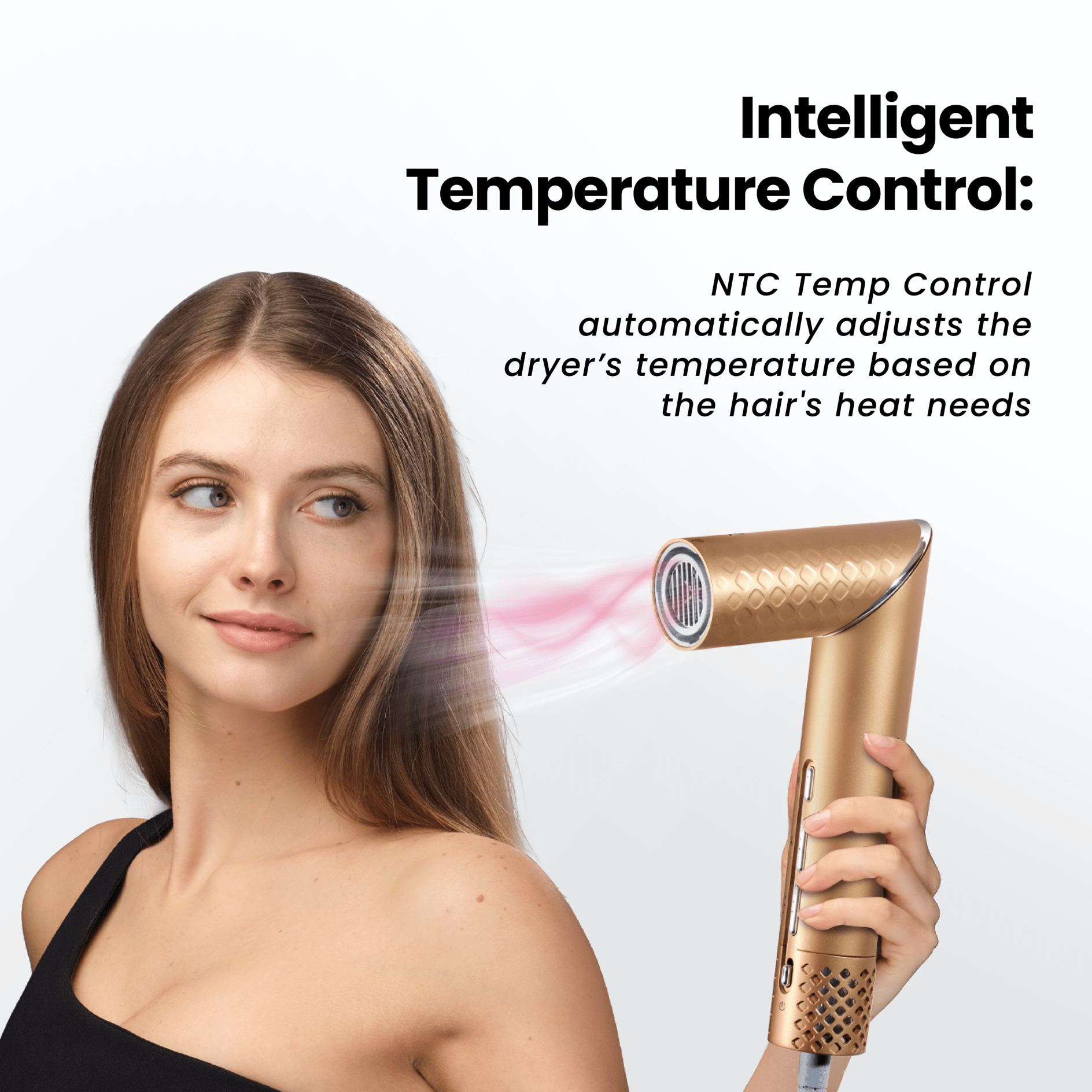 Woman using a gold hair dryer with text about intelligent temperature control on a white background