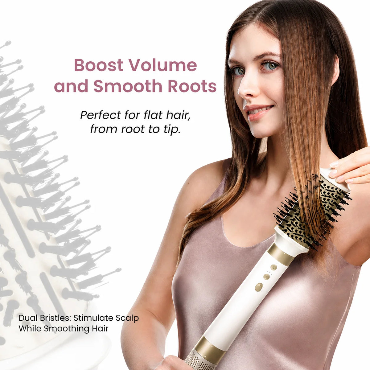 A woman with long brown hair holds a white and gold round hair brush with dual bristles, with promotional text on a white background.