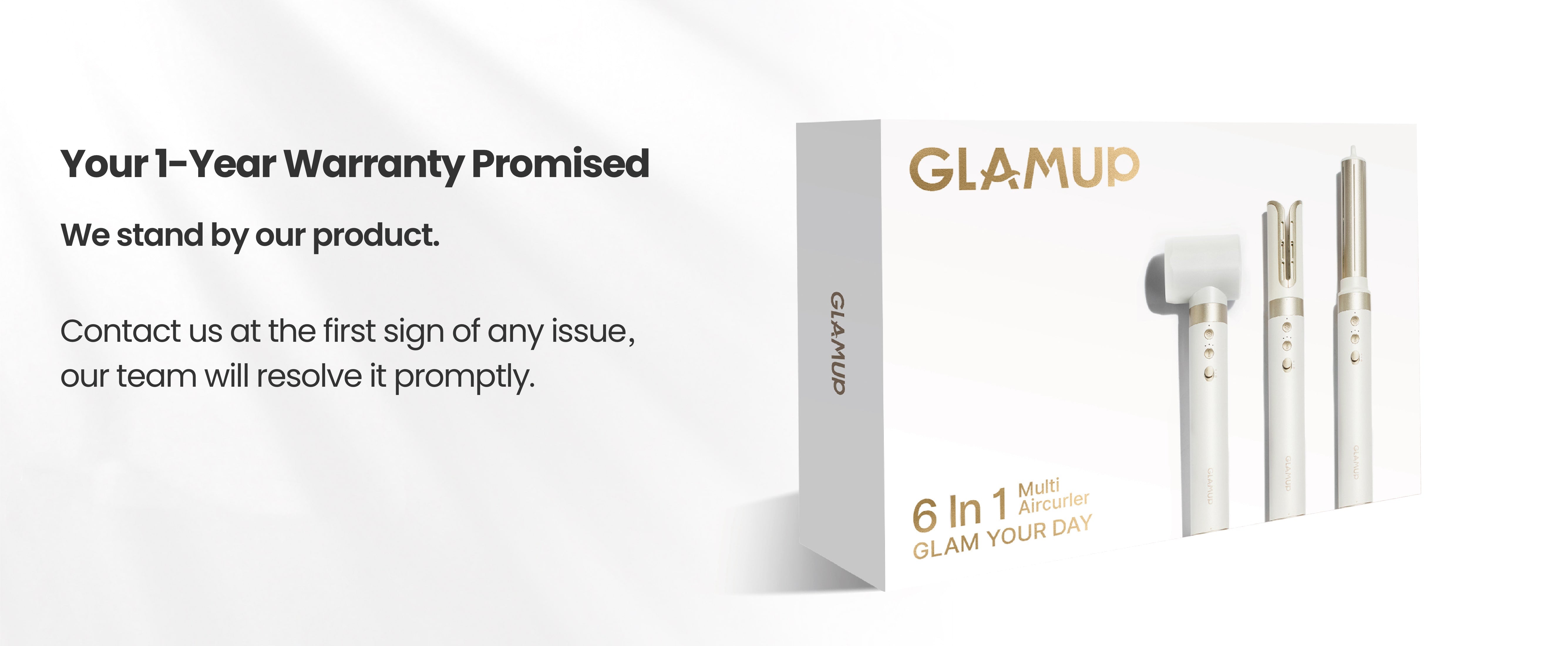 Glamup product packaging with text about warranty and contact information on a white background