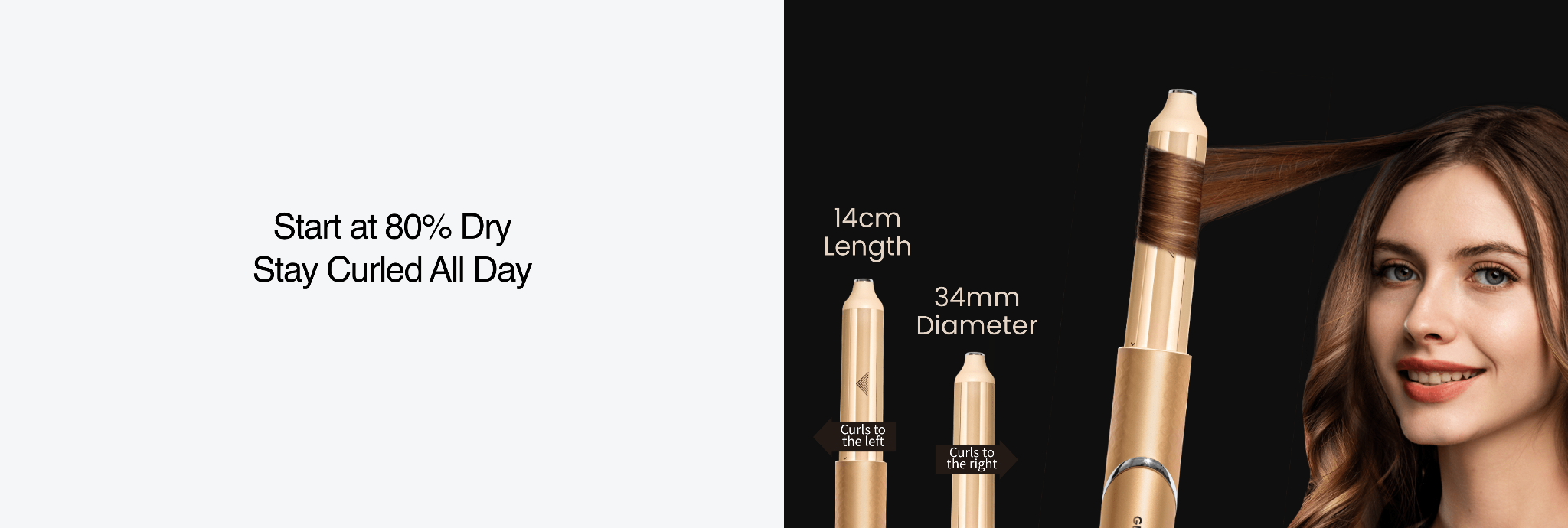 Golden hair styler with a 34mm barrel designed for easy all-day curls when styling on 80% dry hair.