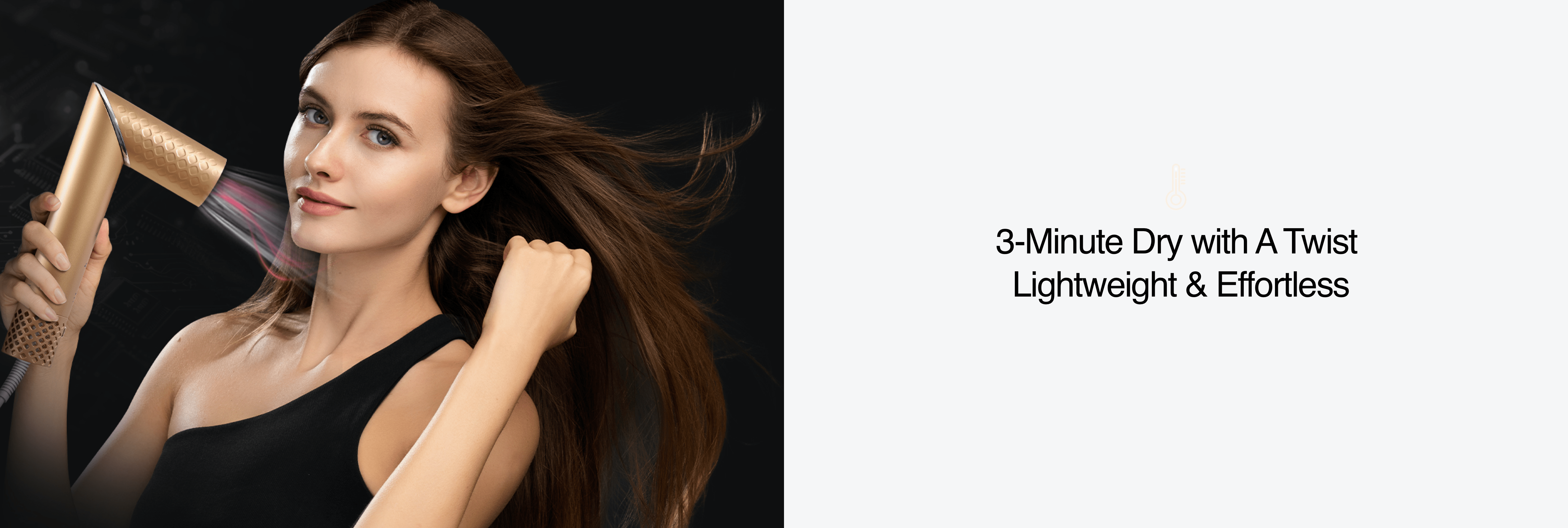 Golden twisted hair styler designed for fast drying, achieving results in just 3 minutes.