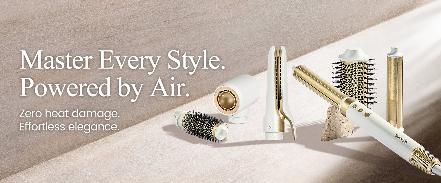Hair styling tools with text 'Master Every Style. Powered by Air.' on a light background