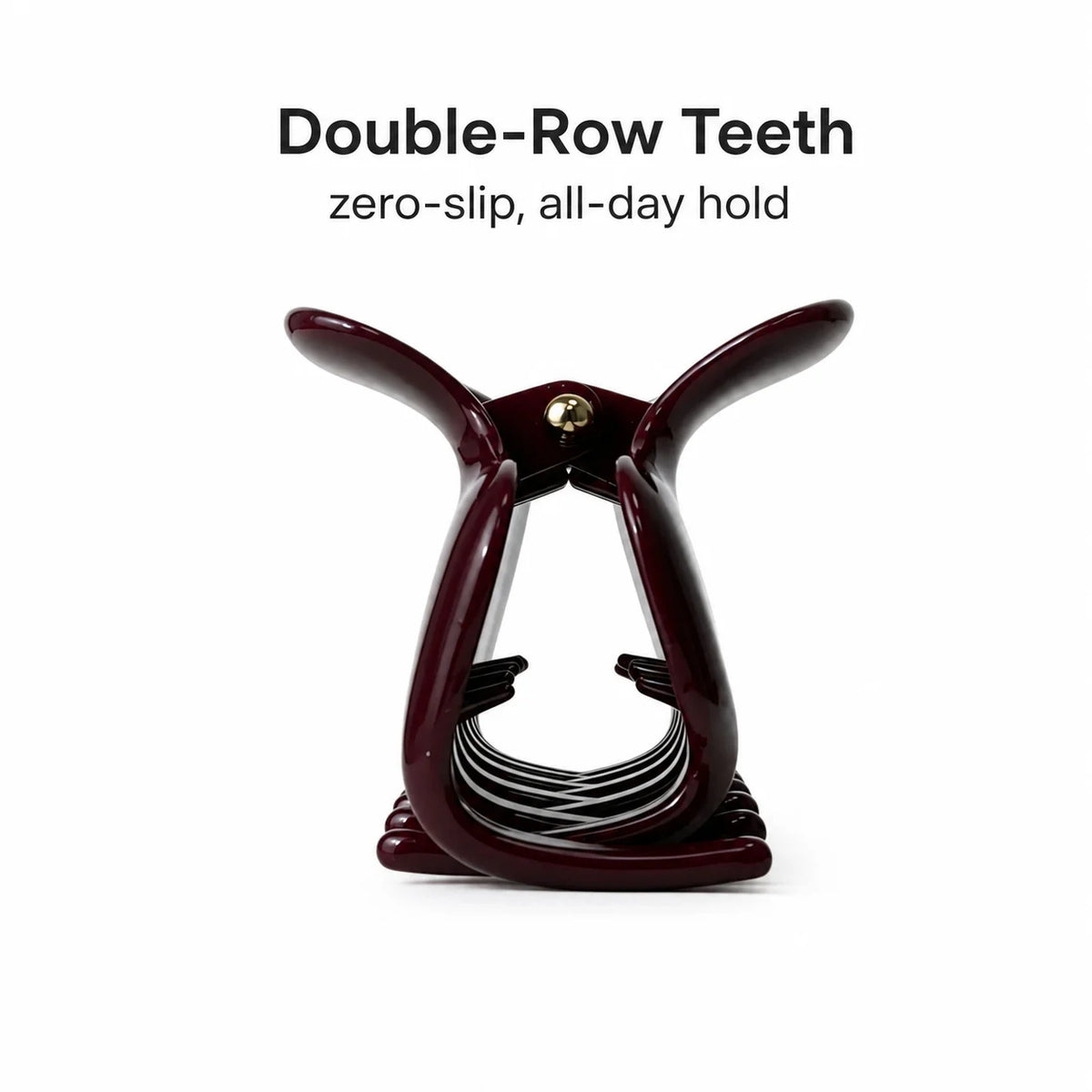 A dark burgundy double-row teeth hair claw clip with black and white striped inner teeth, shown on a white background with text reading 'Double-Row Teeth' and 'zero-slip, all-day hold'.