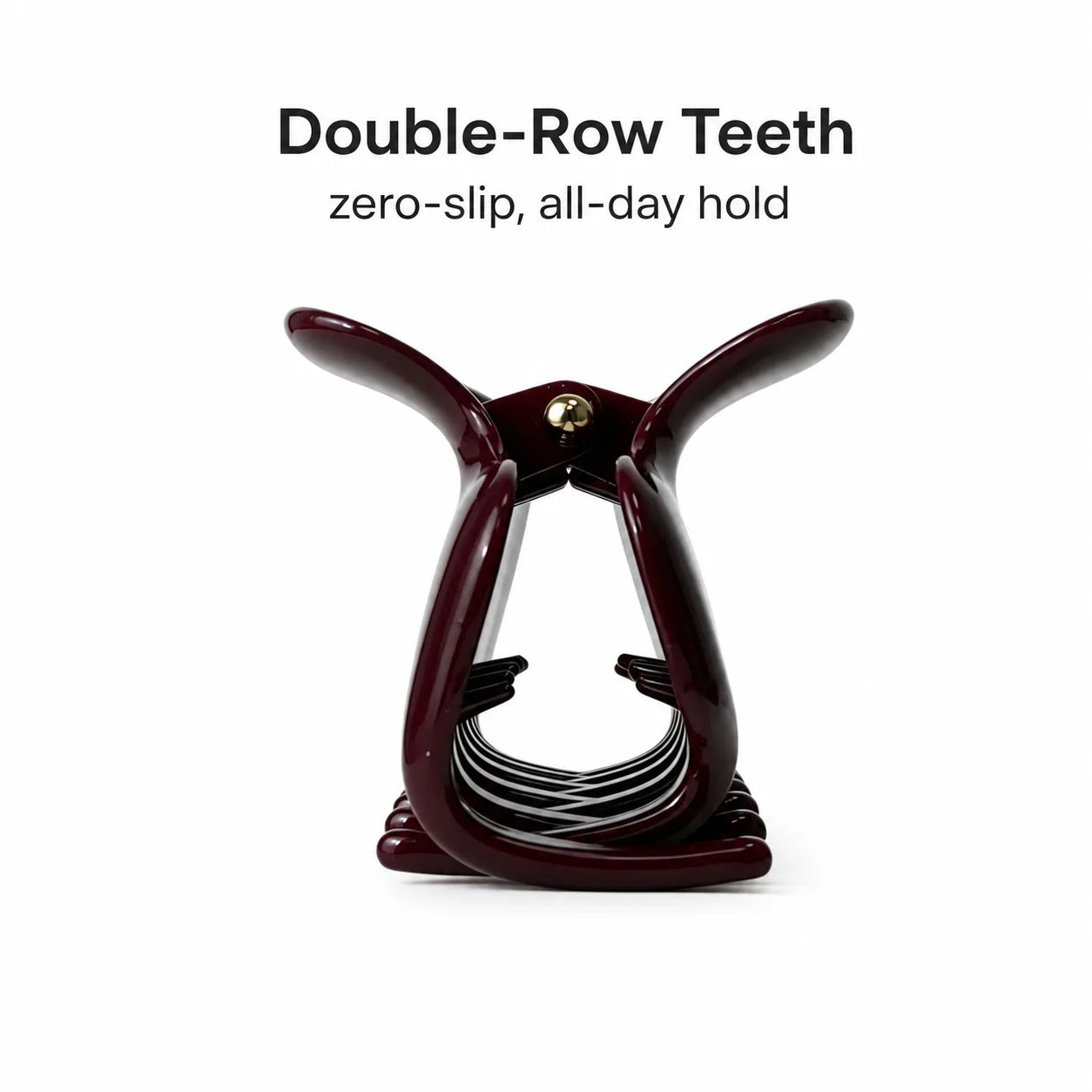 A dark burgundy double-row teeth hair claw clip with black and white striped inner teeth, shown on a white background with text reading 'Double-Row Teeth' and 'zero-slip, all-day hold'.