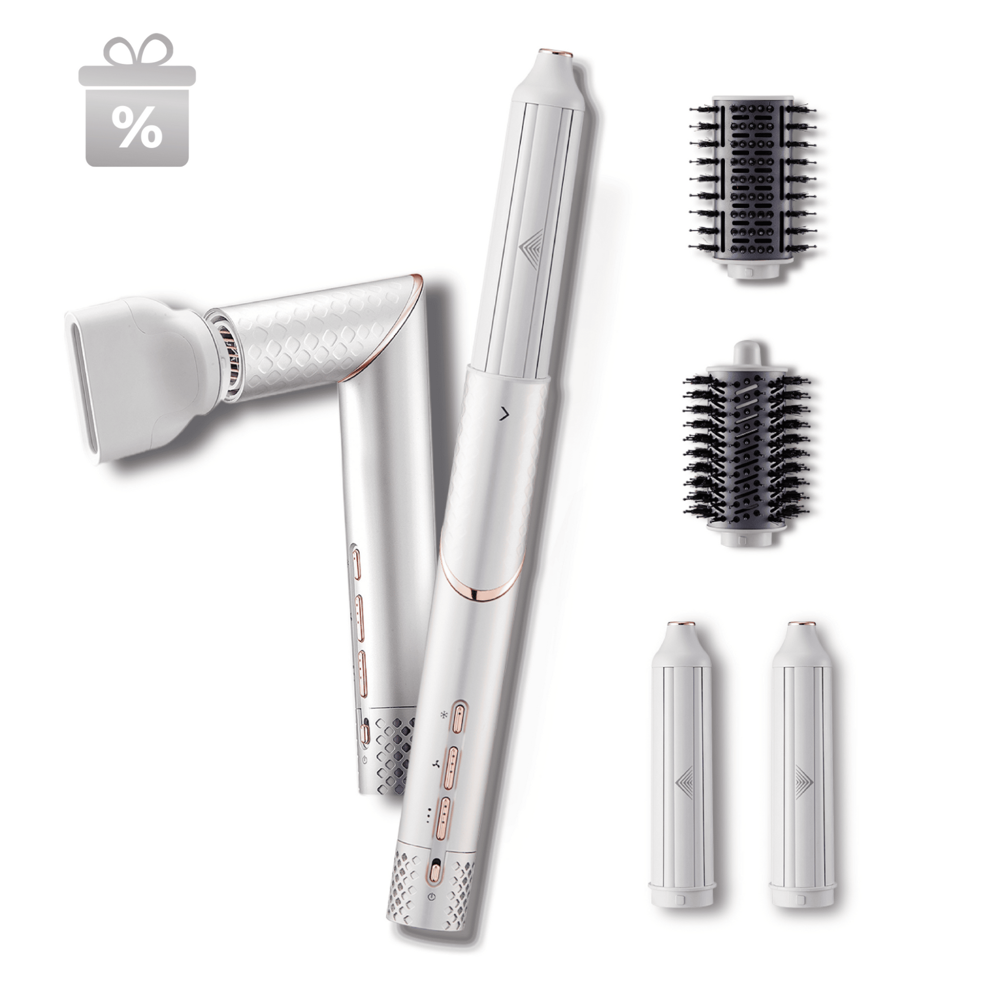 Silver GLAMUP Multi-Styler kit with attachments and promotion badge on white
