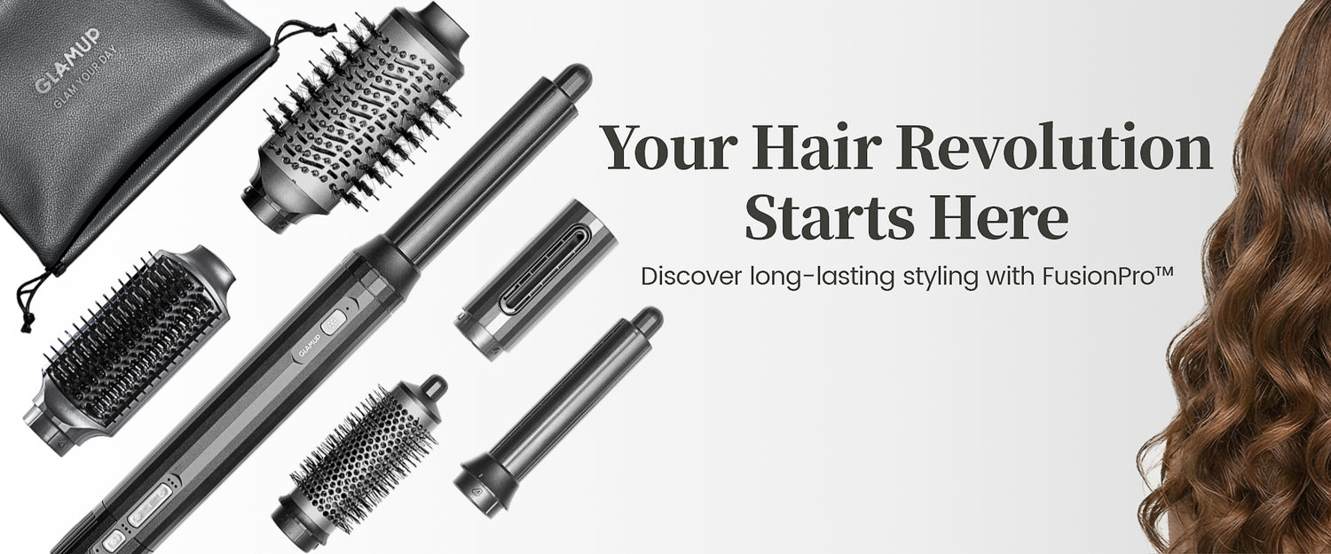 Set of hair styling tools with text promoting FusionPro products.