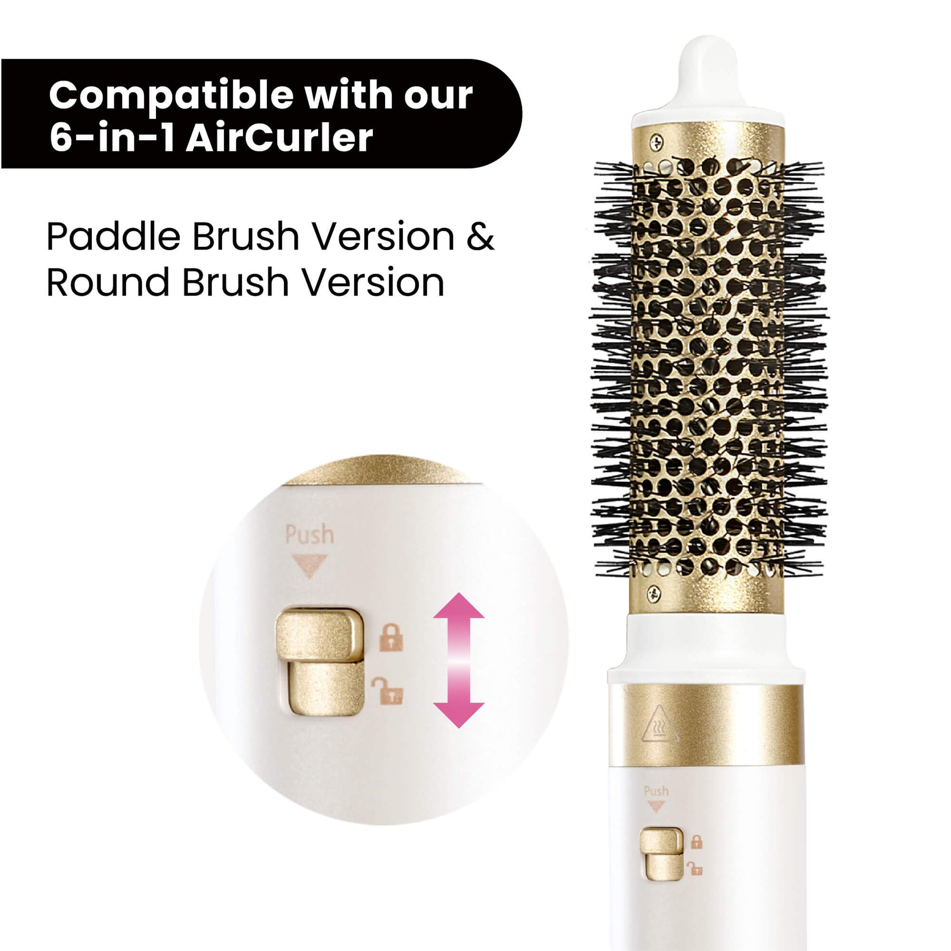 Hairbrush with paddle and round brush versions, compatible with a 6-in-1 AirCurler.