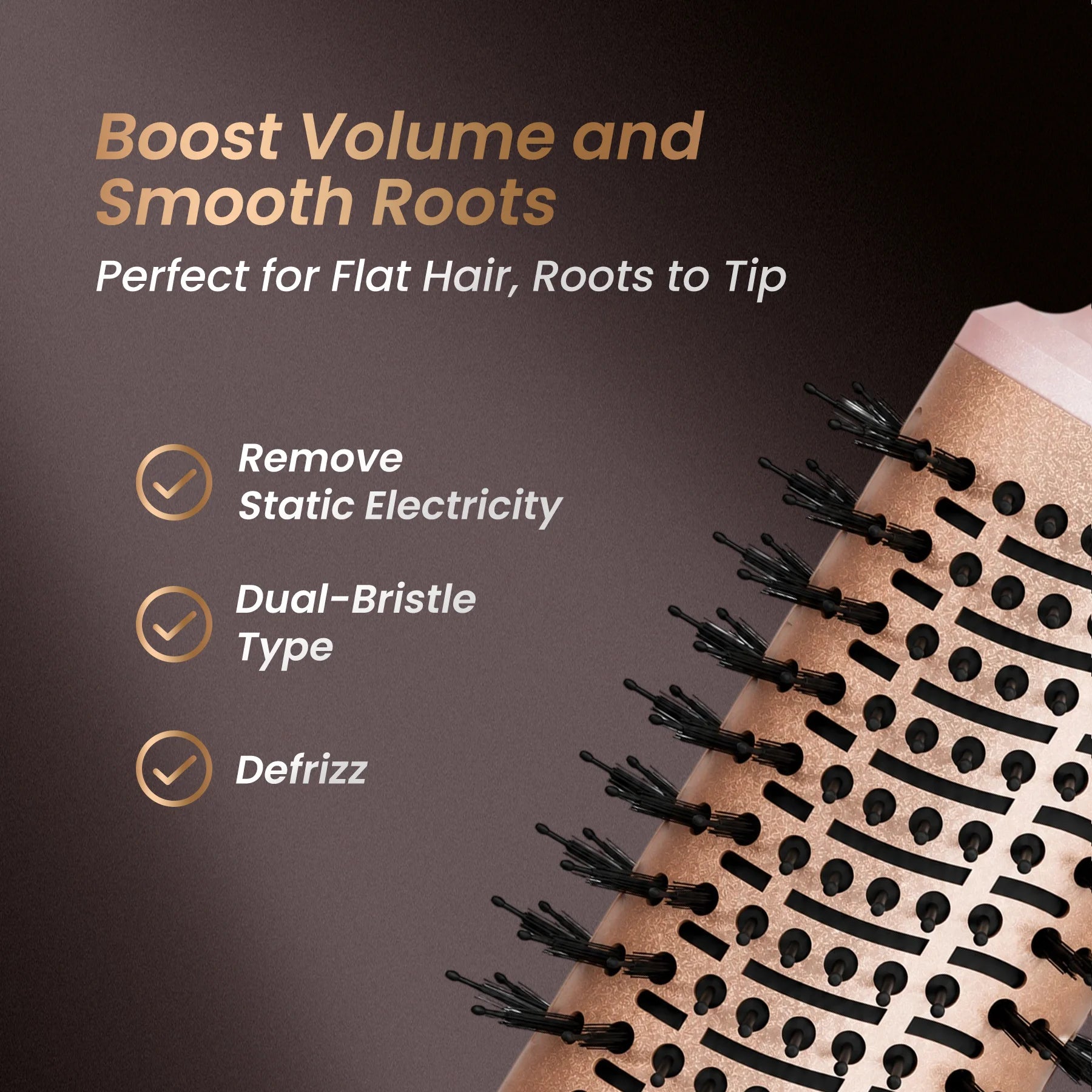 A close-up diagram of the GLAMUP brush bristles explaining how the dual-bristle type design removes static electricity, de-frizzes hair, and boosts volume from roots to tip