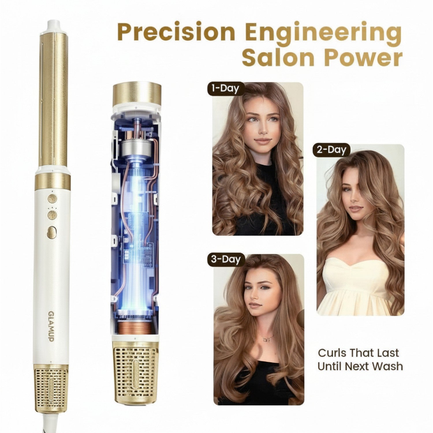 Precision Engineered hair styler demonstrated on a woman showing 3-day curl longevity until next wash.
