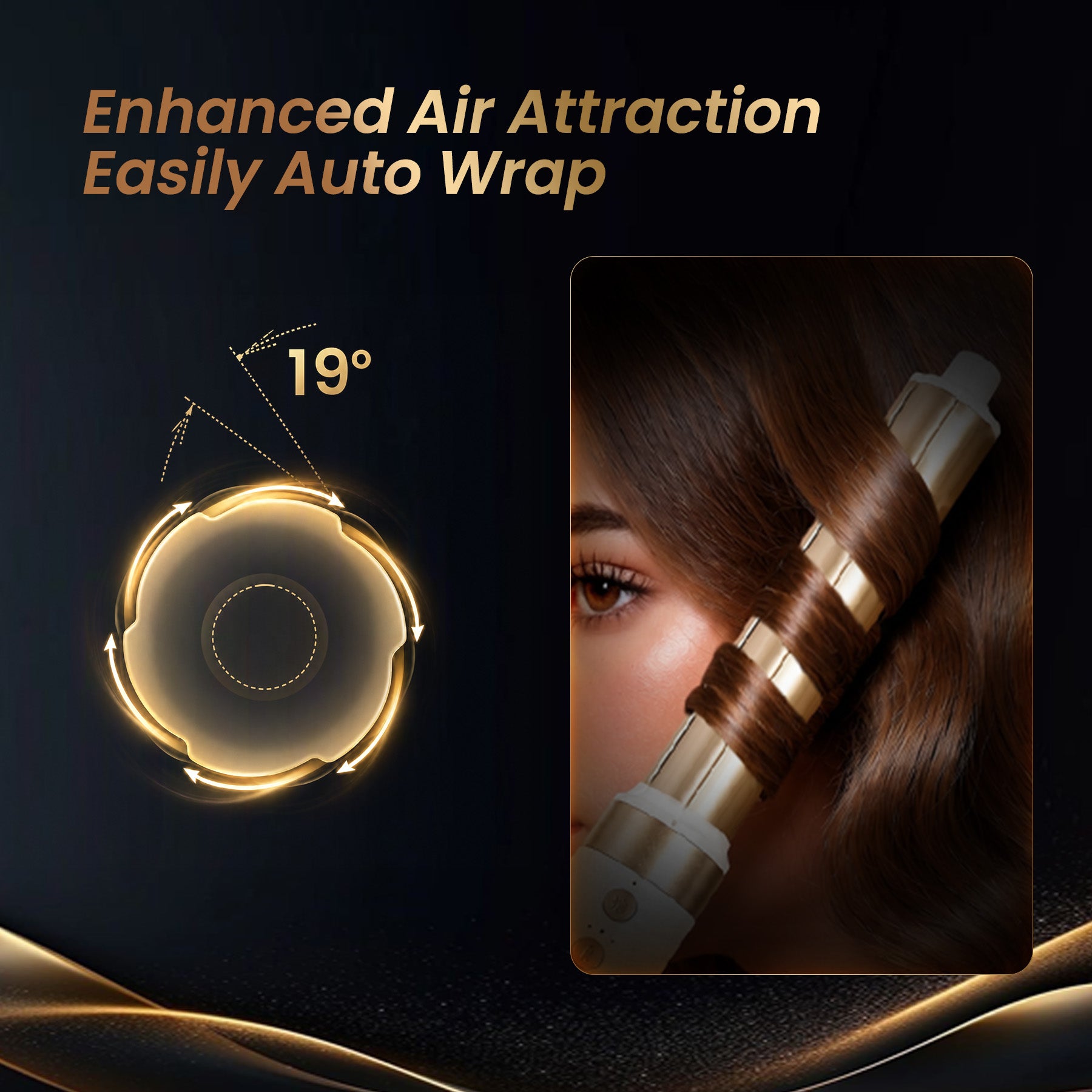 A technical diagram demonstrating GLAMUP's enhanced air attraction technology with a 19-degree airflow angle design, showing a woman's hair easily and automatically wrapping around the gold styling barrel.