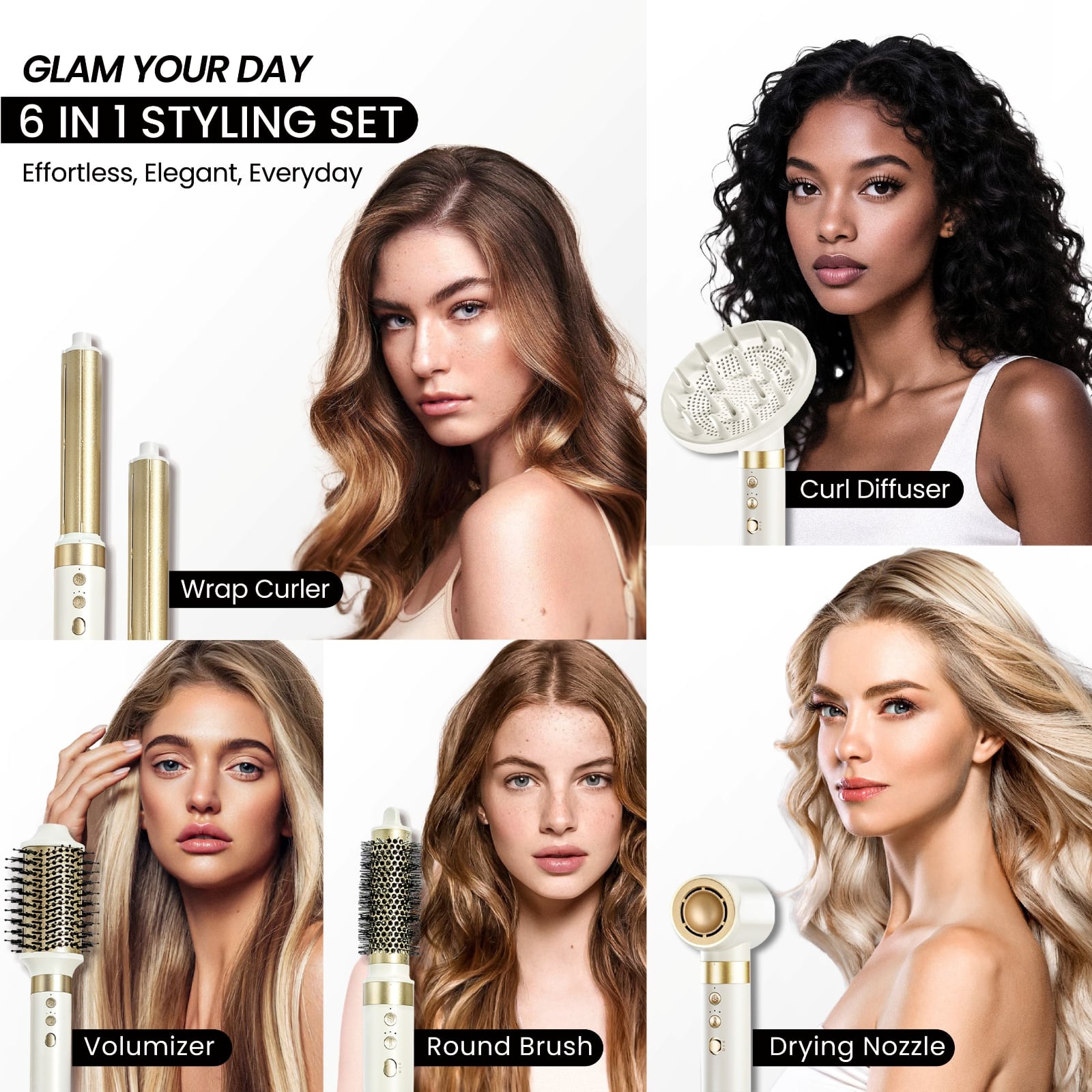 GLAMUP 6-in-1 Styling Set showing different hair styles on various models using interchangeable attachments.