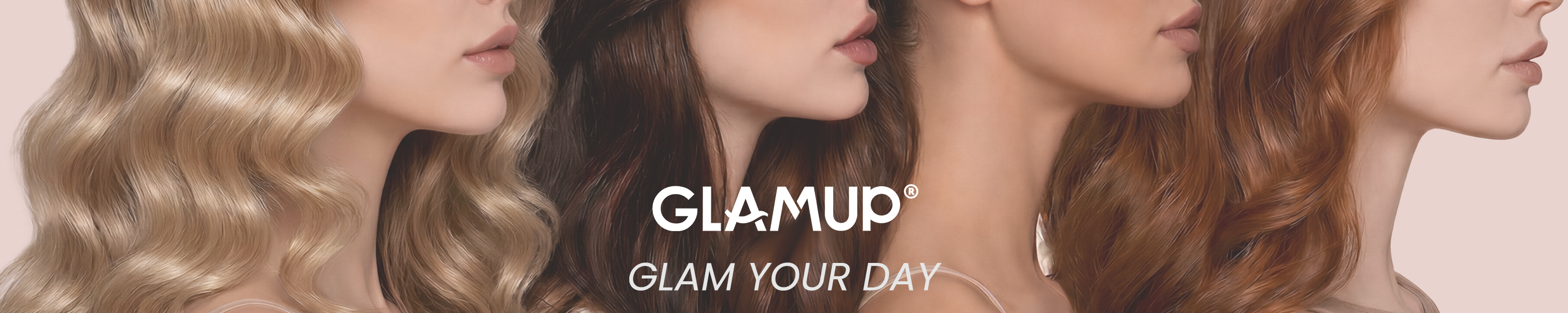 Four women with different hair colors featuring the 'GLAMUP' brand.