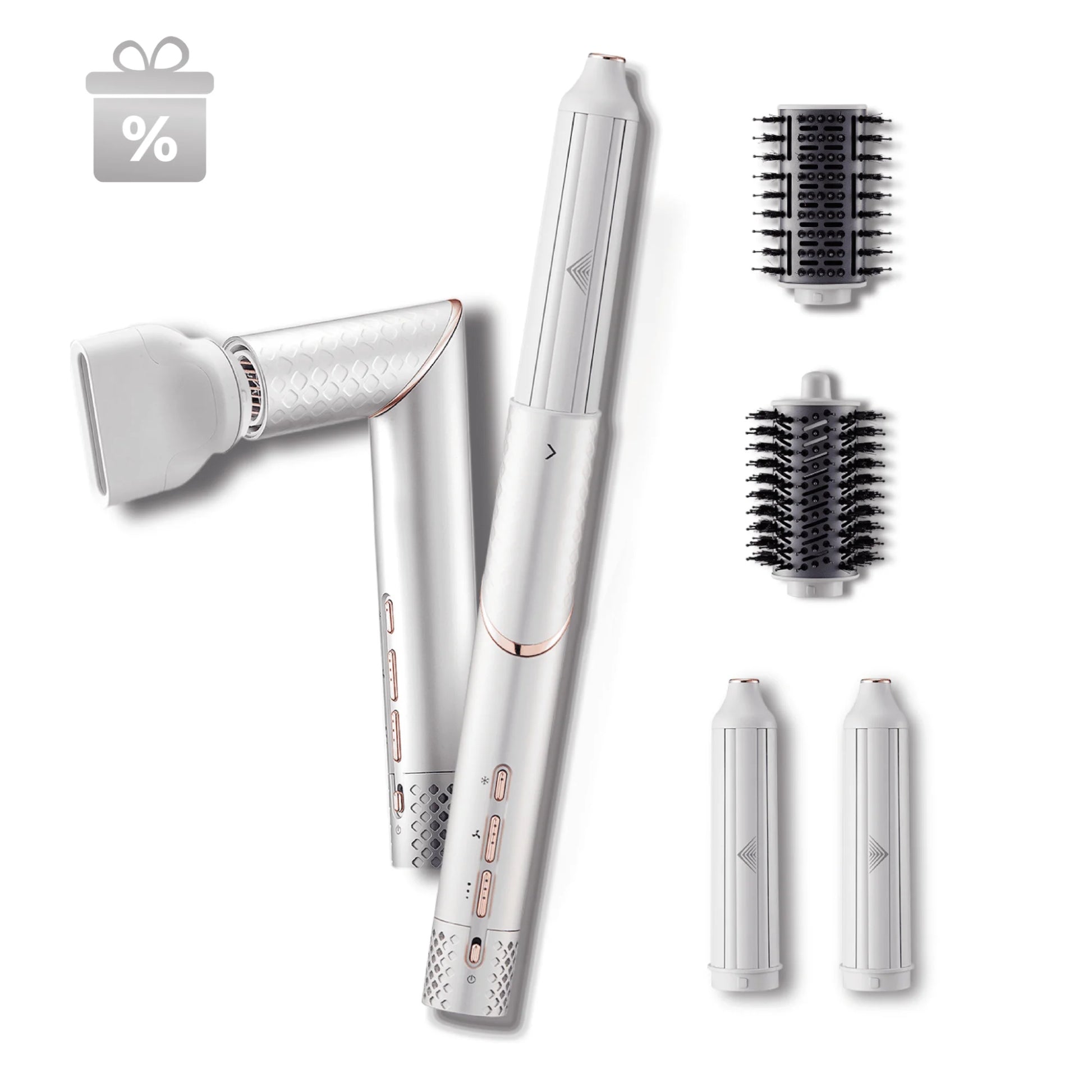 GLAMUP 5-in-1 multistyler complete gift set including wrap curlers, paddle brush, and styling concentrator.