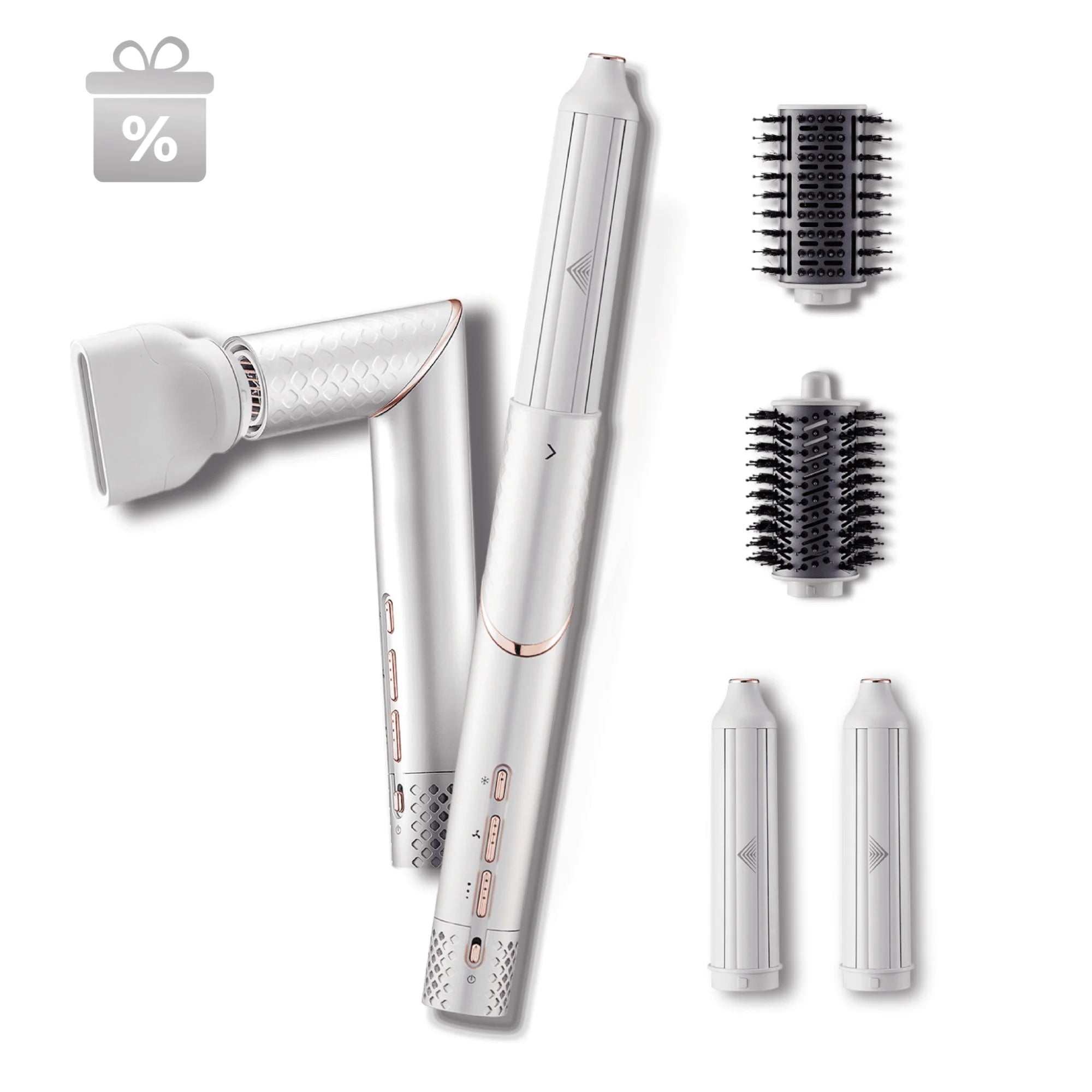 GLAMUP 5-in-1 multistyler complete gift set including wrap curlers, paddle brush, and styling concentrator.