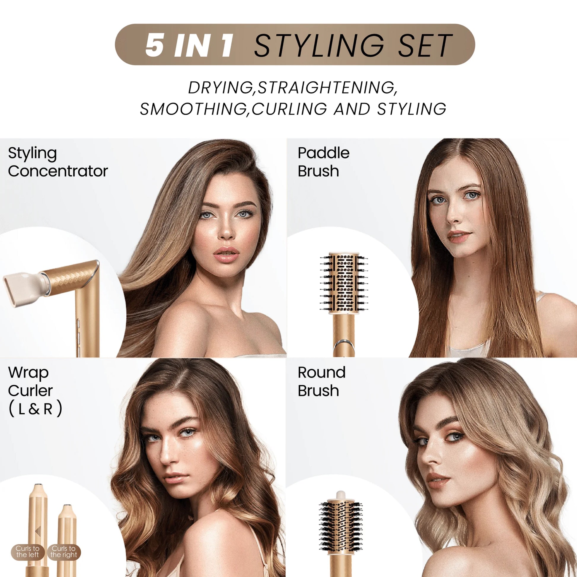 GLAMUP 5-in-1 styling set including styling concentrator, paddle brush, round brush, and wrap curler.