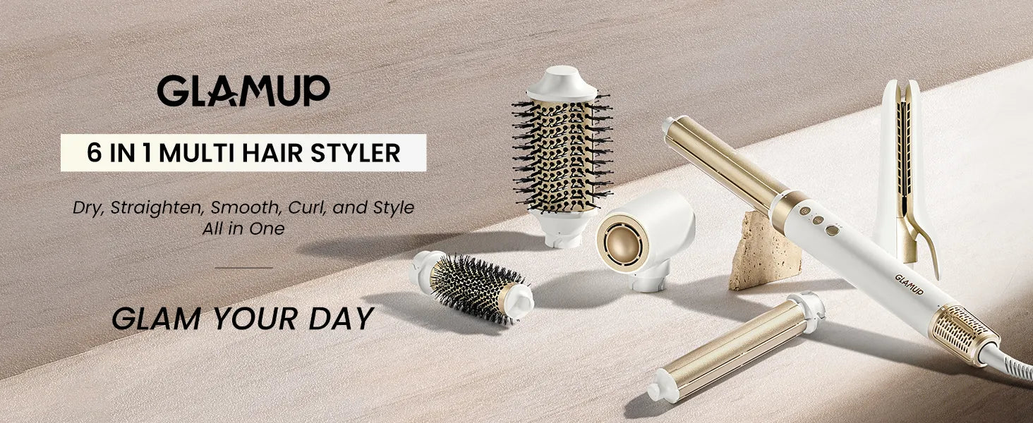 A premium lifestyle brand banner featuring the white and gold GLAMUP 6-in-1 Multi Hair Styler set beautifully arranged on a textured surface, showcasing its interchangeable engineering attachments designed to dry, straighten, smooth, curl, and style all in one for professional salon blowout results.