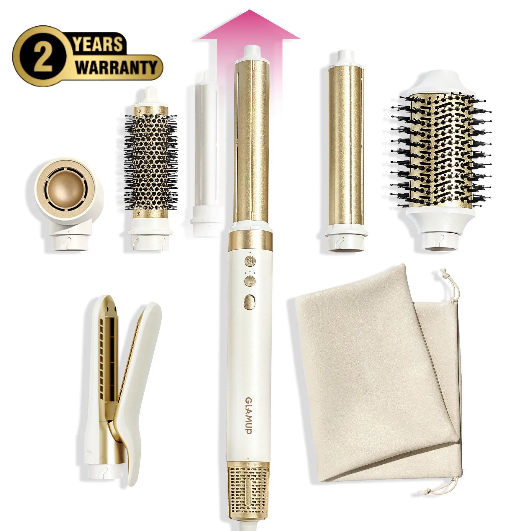 An Amazon main image style presentation of the white and gold GLAMUP multi-styler host with 5 styling attachments and a travel pouch, featuring a 2-year warranty badge.