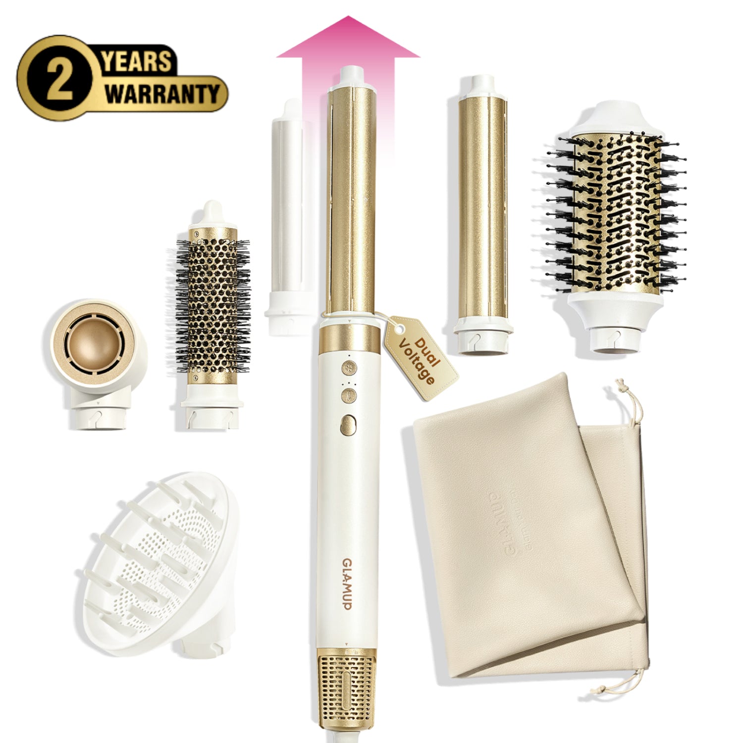 An Amazon main image style product layout showing the white and gold GLAMUP multi-styler host with 5 styling attachments, a hair diffuser, a travel pouch, and a 2-year warranty badge.