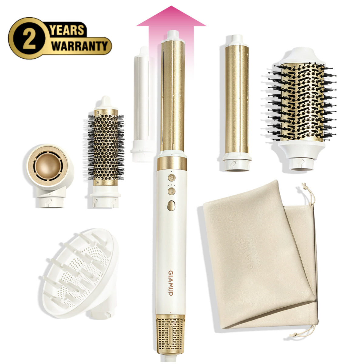 An Amazon main image style product layout showing the white and gold GLAMUP multi-styler host with 5 styling attachments, a newly added hair diffuser, a travel pouch, and a 2-year warranty badge.