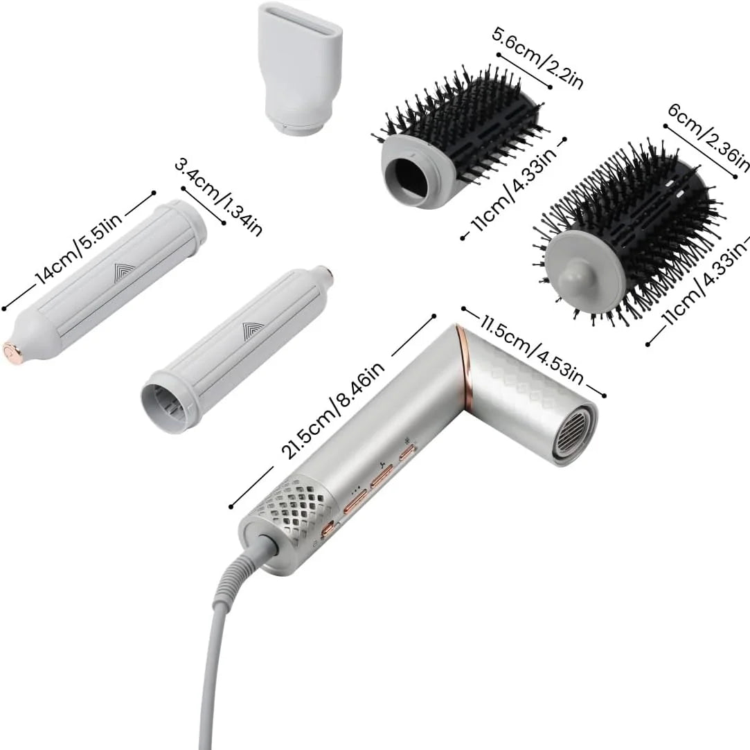 Size dimensions of GLAMUP 6-in-1 hair dryer handle and interchangeable styling brush attachments