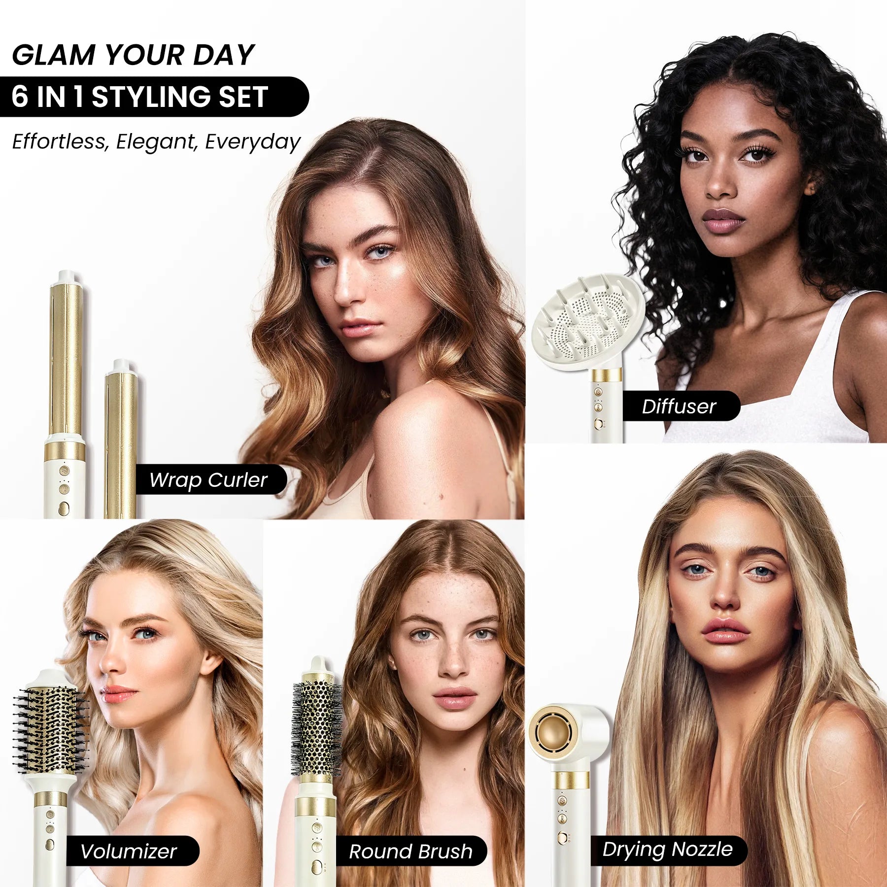 A multi-photo grid featuring four diverse models showcasing different salon-grade results like wrap curls, airy waves, and smooth volume achieved with the GLAMUP multi hair styler.